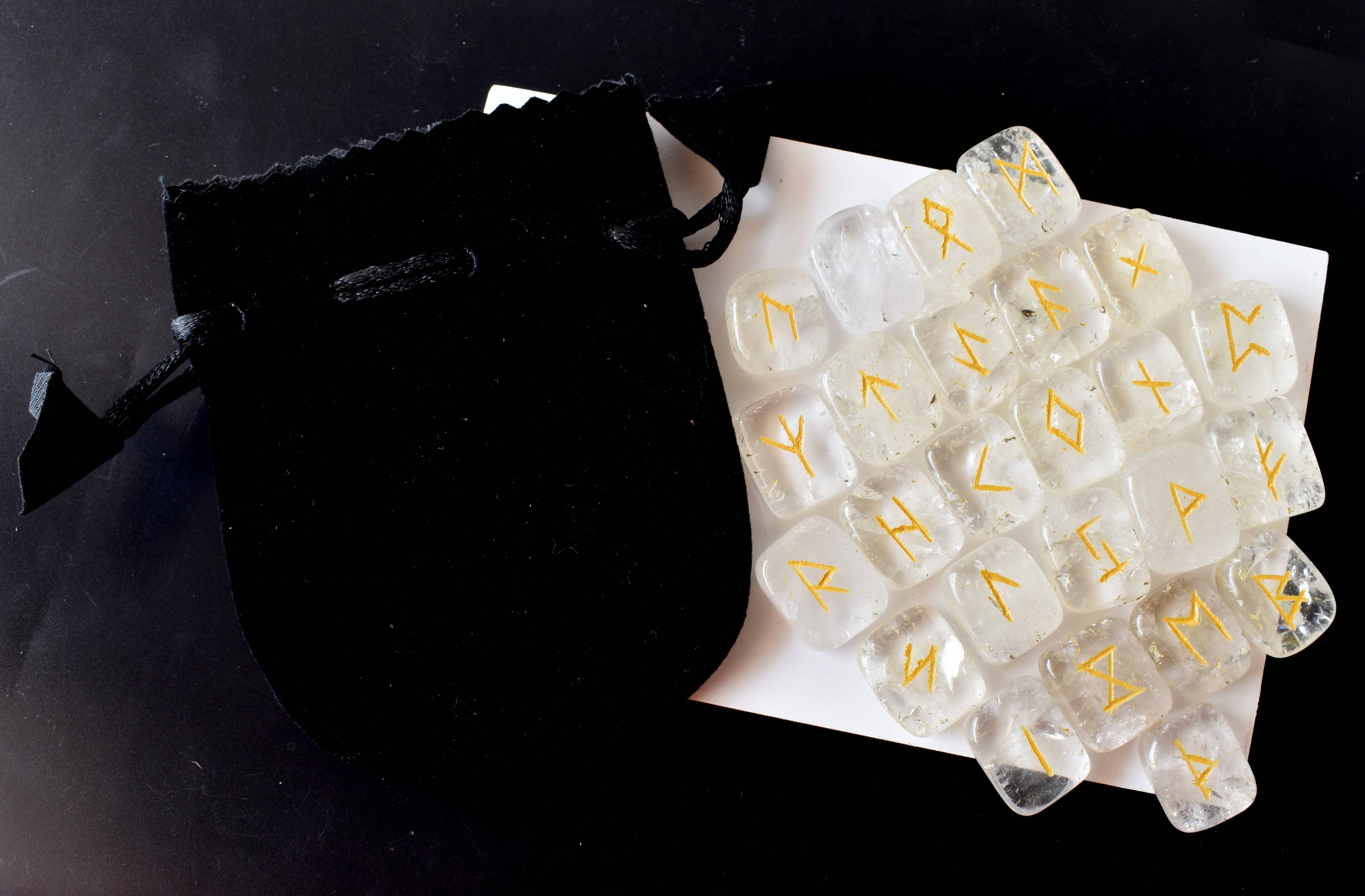 Crystal Quartz Rune Set - Aaa Grade Gemstones, 25 Hand-carved White Quartz Runes With Pouch & Info Cards | Includes Wooden Grid Plate Option