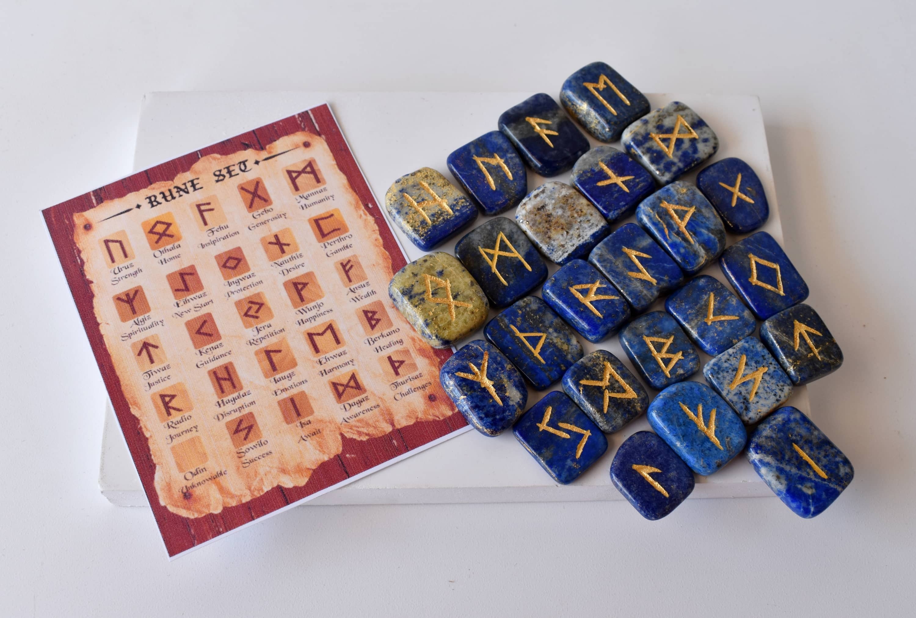 Lapis Lazuli Rune Set - Aaa Grade Gemstones, 25 Hand-carved Futhark Symbols, Gift-ready Pouch, Guidebook & Optional Wooden Grid Plate