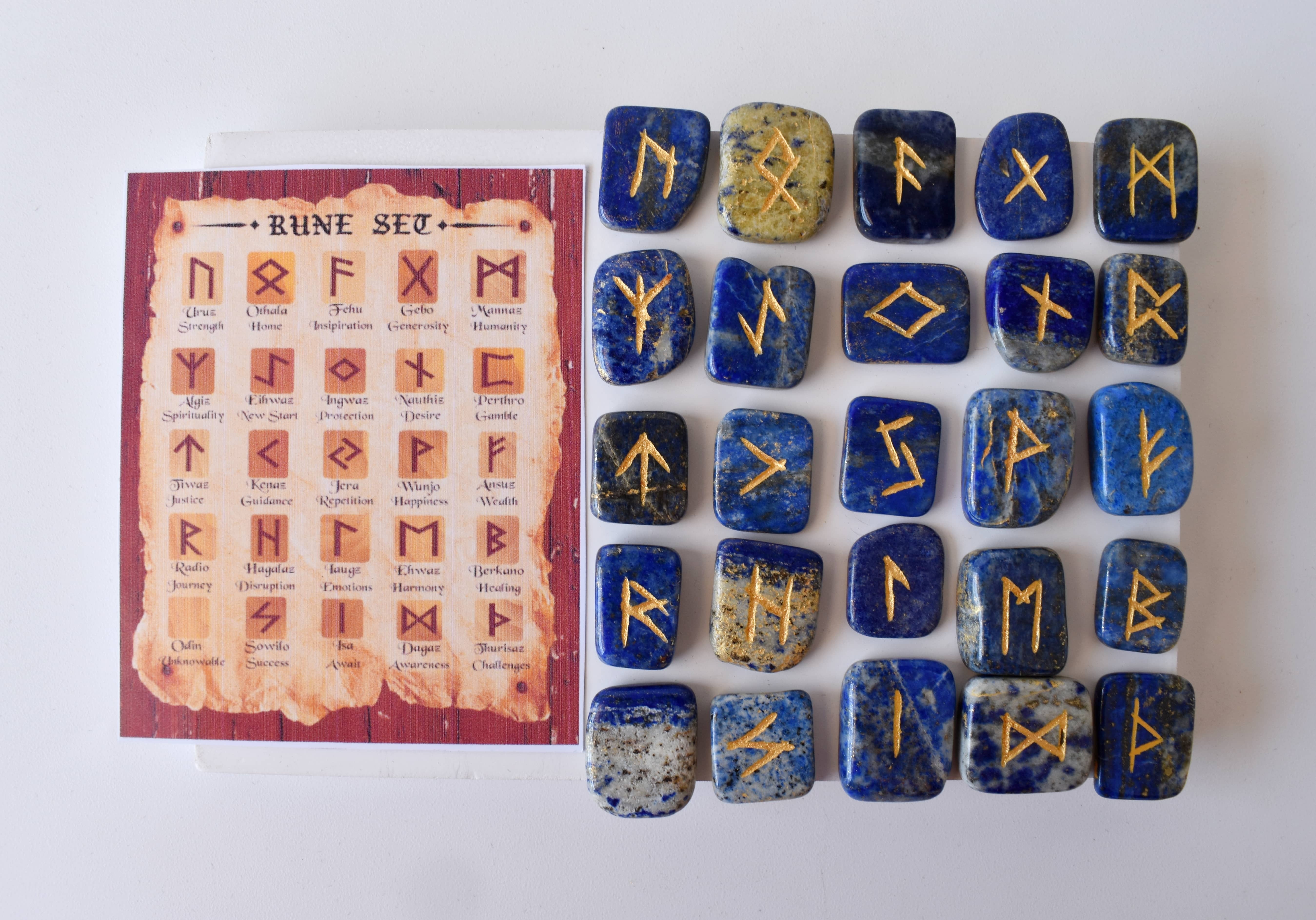 Lapis Lazuli Rune Set - Aaa Grade Gemstones, 25 Hand-carved Futhark Symbols, Gift-ready Pouch, Guidebook & Optional Wooden Grid Plate