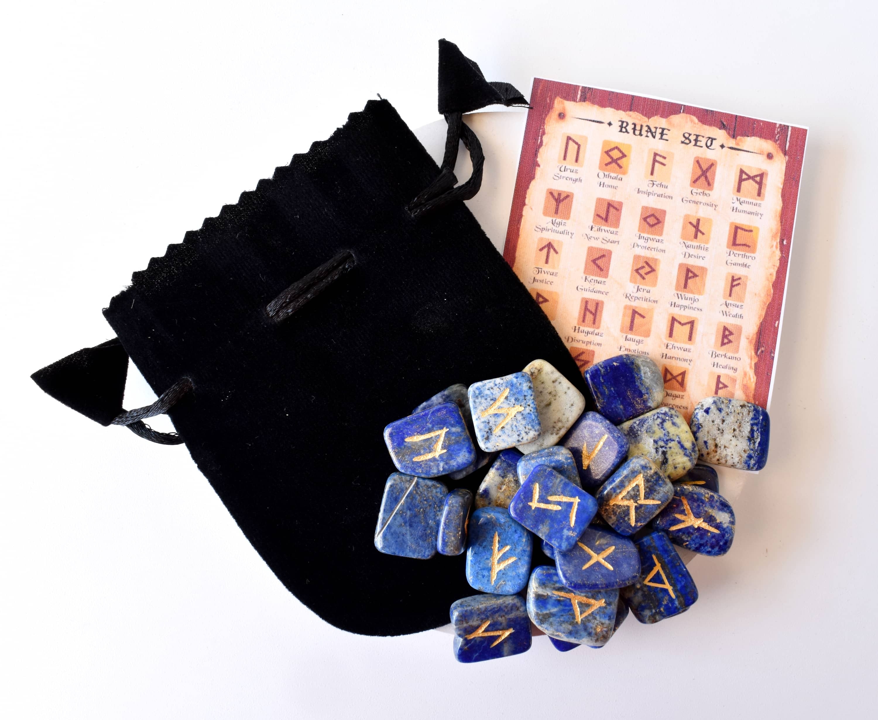 Lapis Lazuli Rune Set - Aaa Grade Gemstones, 25 Hand-carved Futhark Symbols, Gift-ready Pouch, Guidebook & Optional Wooden Grid Plate