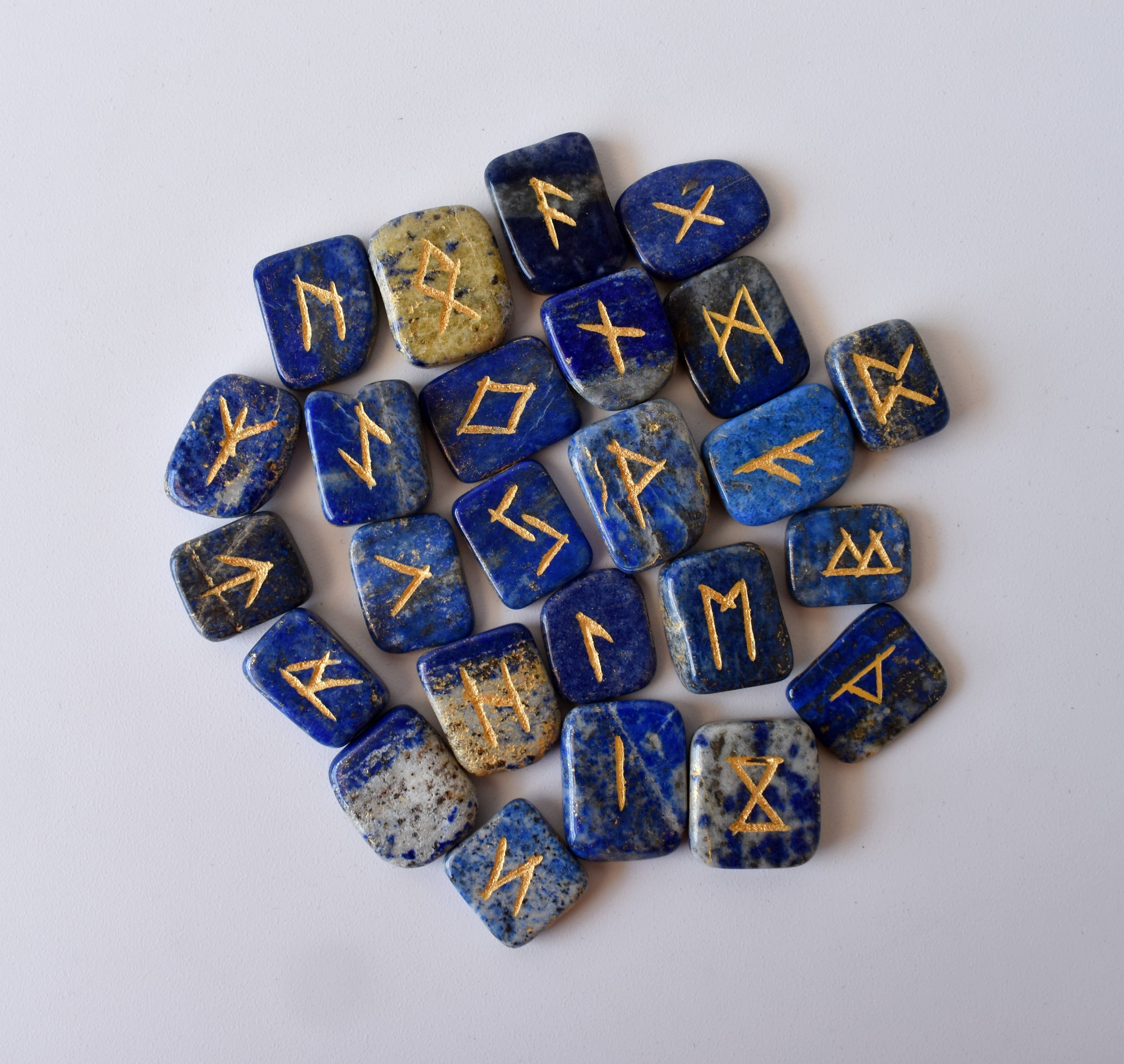 Lapis Lazuli Rune Set - Aaa Grade Gemstones, 25 Hand-carved Futhark Symbols, Gift-ready Pouch, Guidebook & Optional Wooden Grid Plate