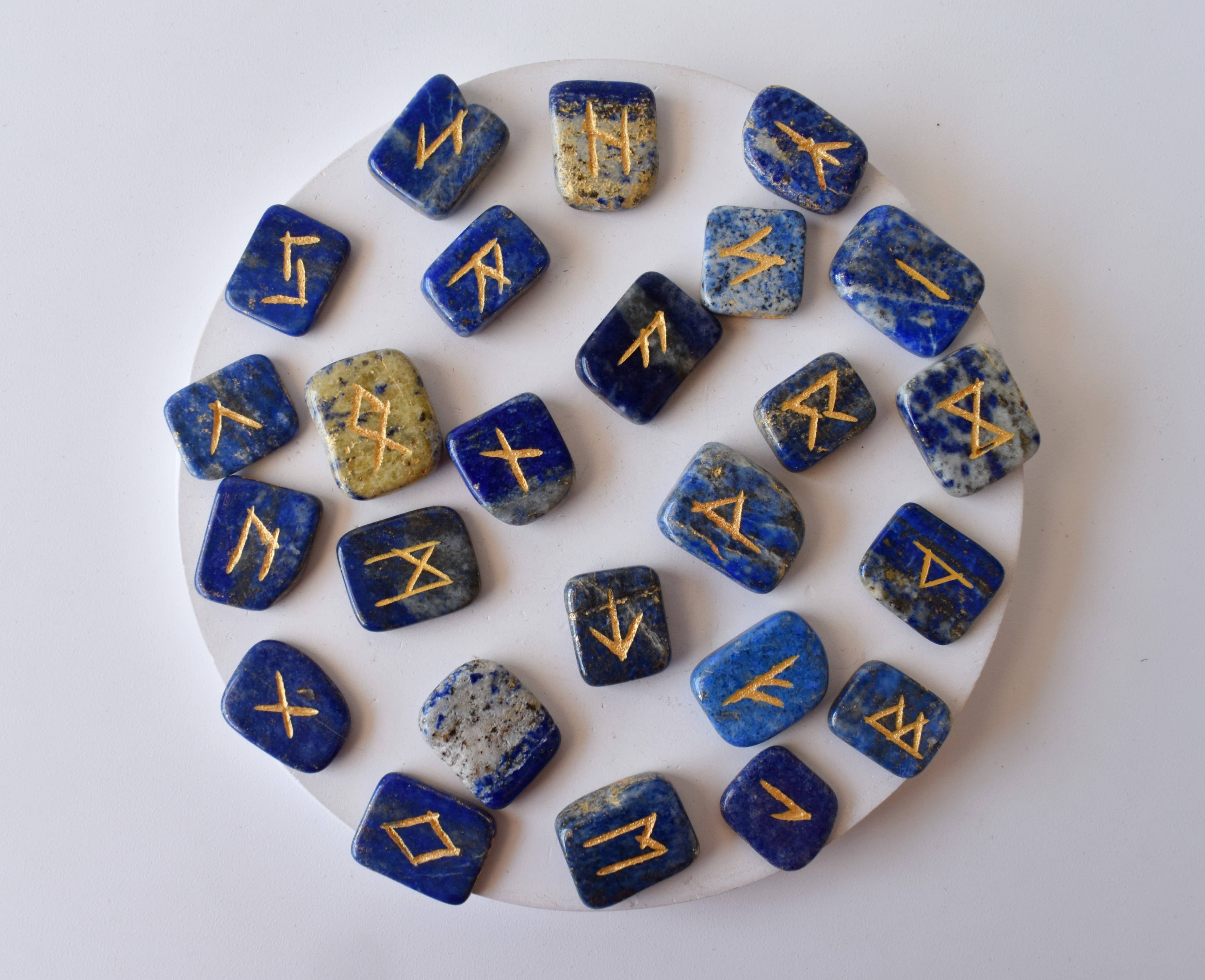 Lapis Lazuli Rune Set - Aaa Grade Gemstones, 25 Hand-carved Futhark Symbols, Gift-ready Pouch, Guidebook & Optional Wooden Grid Plate