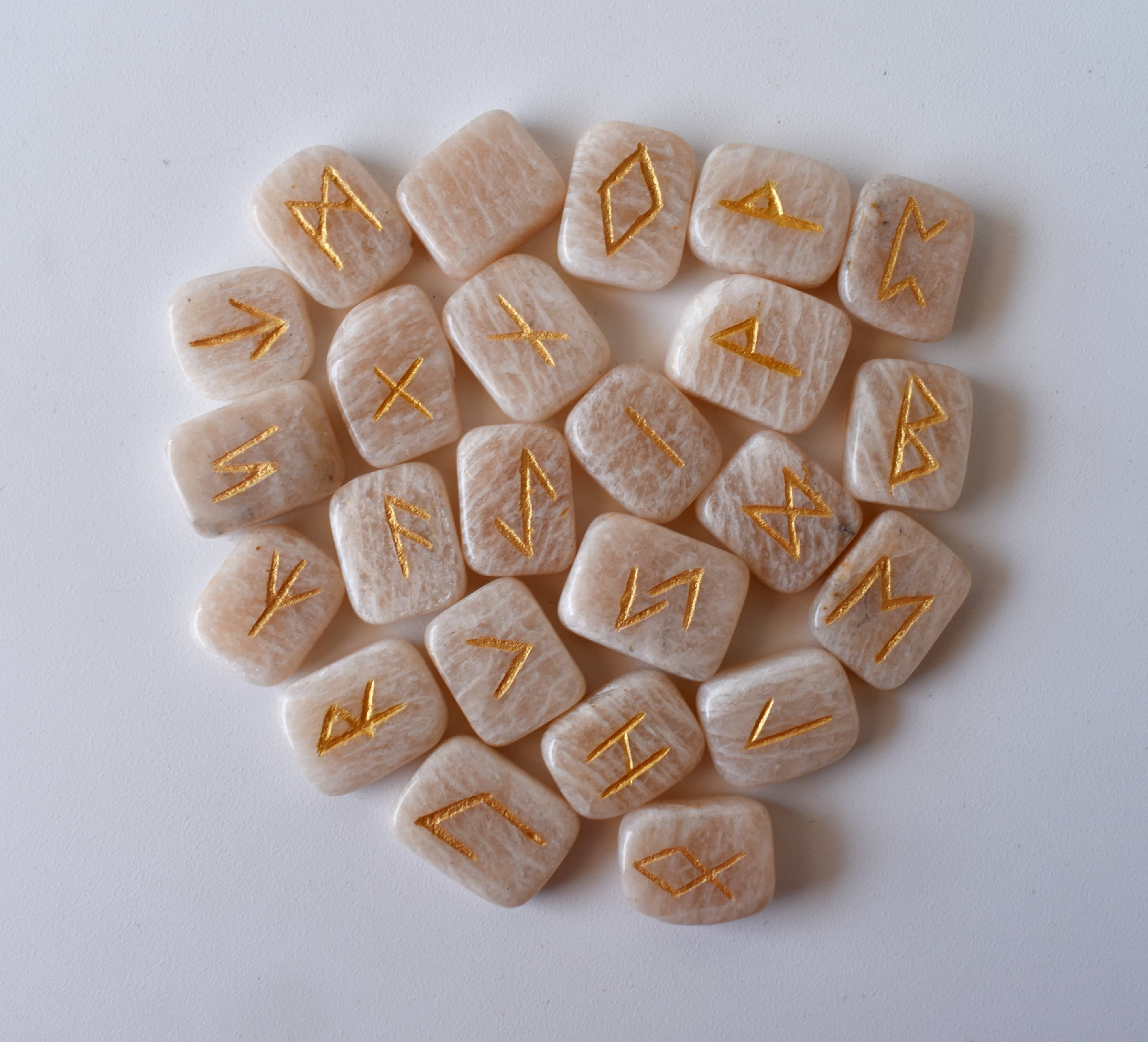 Moonstone Rune Set - Hand-carved Natural Moonstone Gemstones, 25 Unique Futhark Symbols, Includes Pouch & Guidebook, Optional Wooden Grid Plate