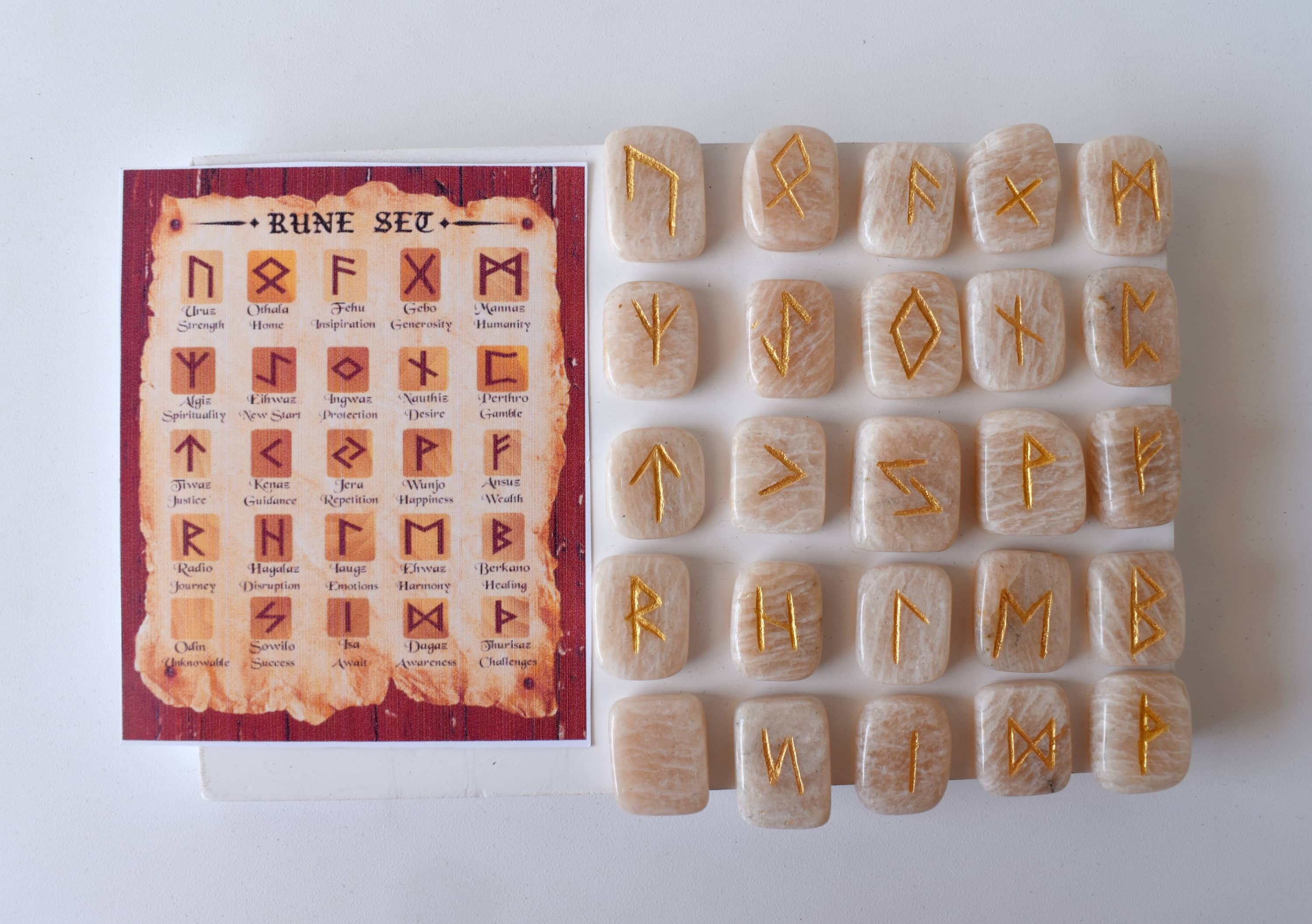 Moonstone Rune Set - Hand-carved Natural Moonstone Gemstones, 25 Unique Futhark Symbols, Includes Pouch & Guidebook, Optional Wooden Grid Plate