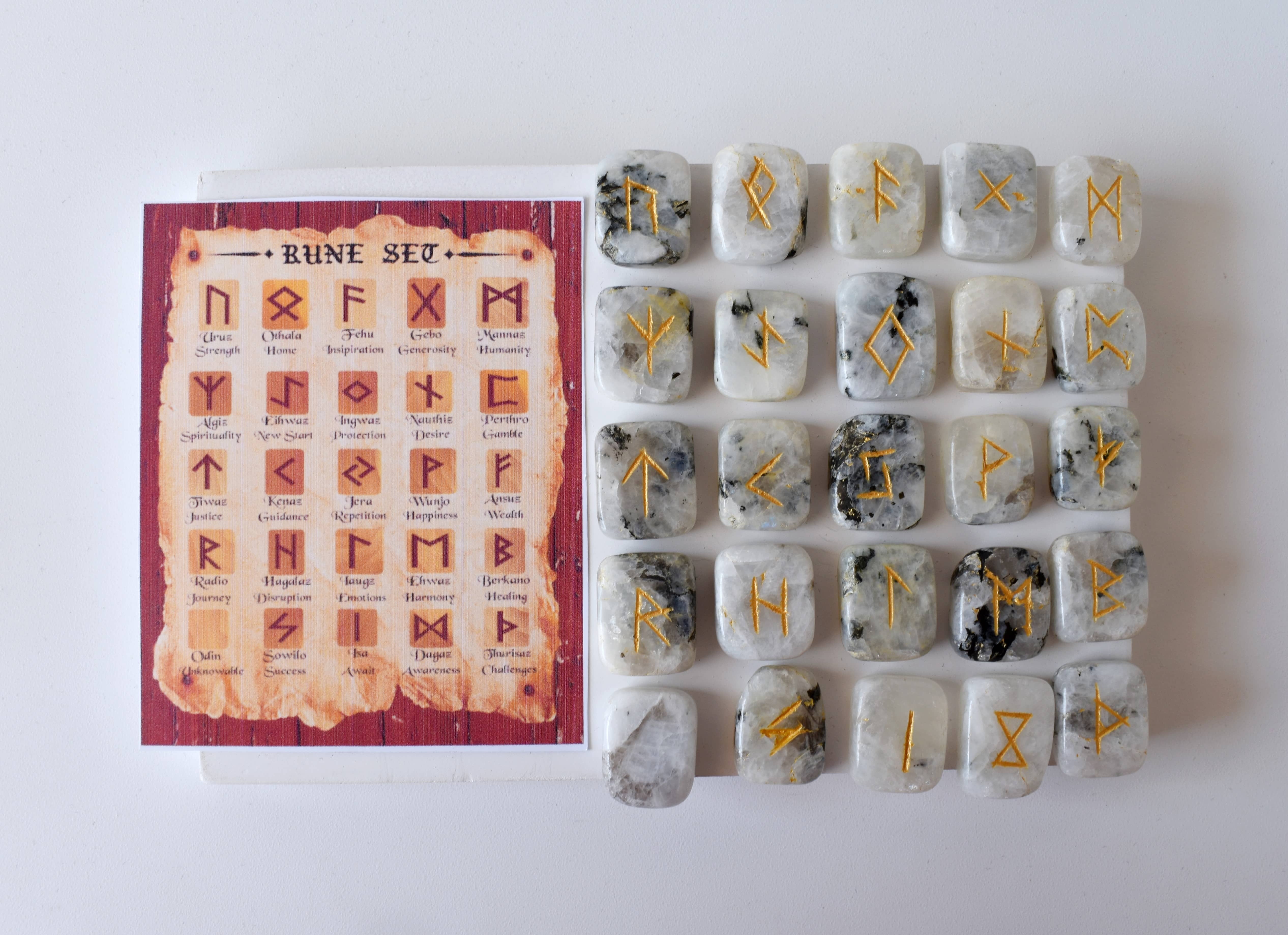 Rainbow Moonstone Rune Set - Aaa Grade Gemstones, 25 Hand-carved Futhark Symbols, Beautifully Packaged With Pouch & Guidebook, Optional Wooden Grid Plate