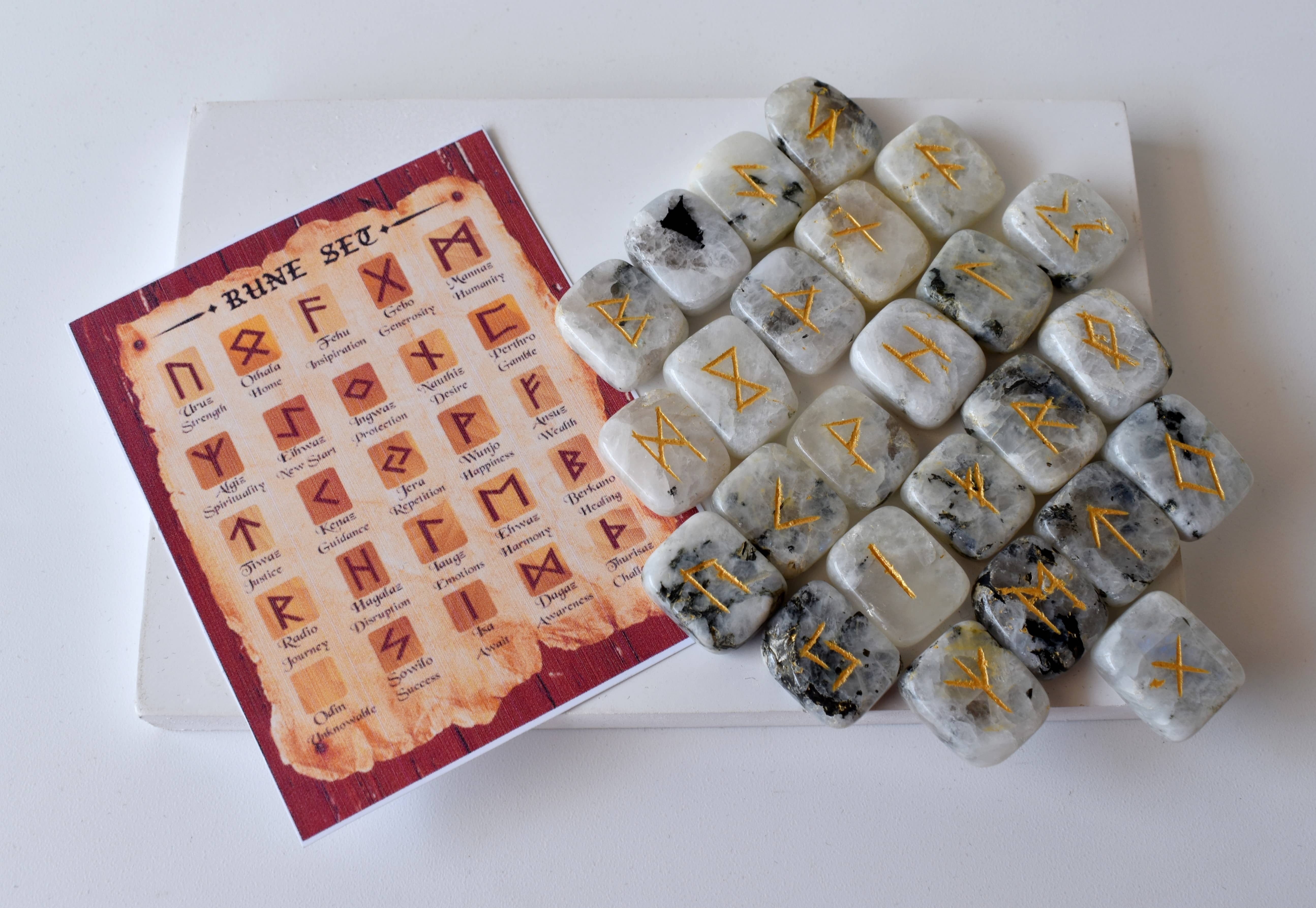 Rainbow Moonstone Rune Set - Aaa Grade Gemstones, 25 Hand-carved Futhark Symbols, Beautifully Packaged With Pouch & Guidebook, Optional Wooden Grid Plate
