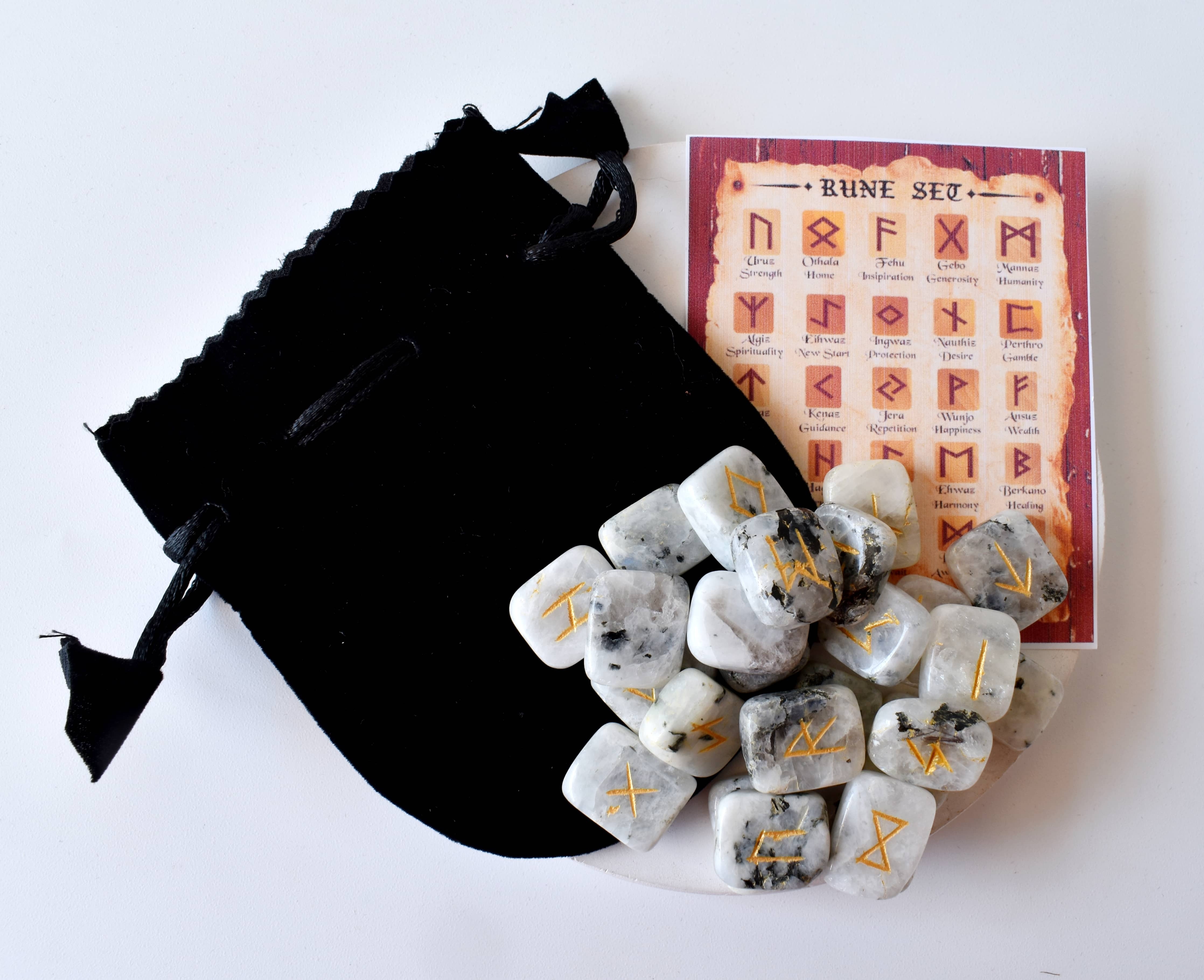 Rainbow Moonstone Rune Set - Aaa Grade Gemstones, 25 Hand-carved Futhark Symbols, Beautifully Packaged With Pouch & Guidebook, Optional Wooden Grid Plate