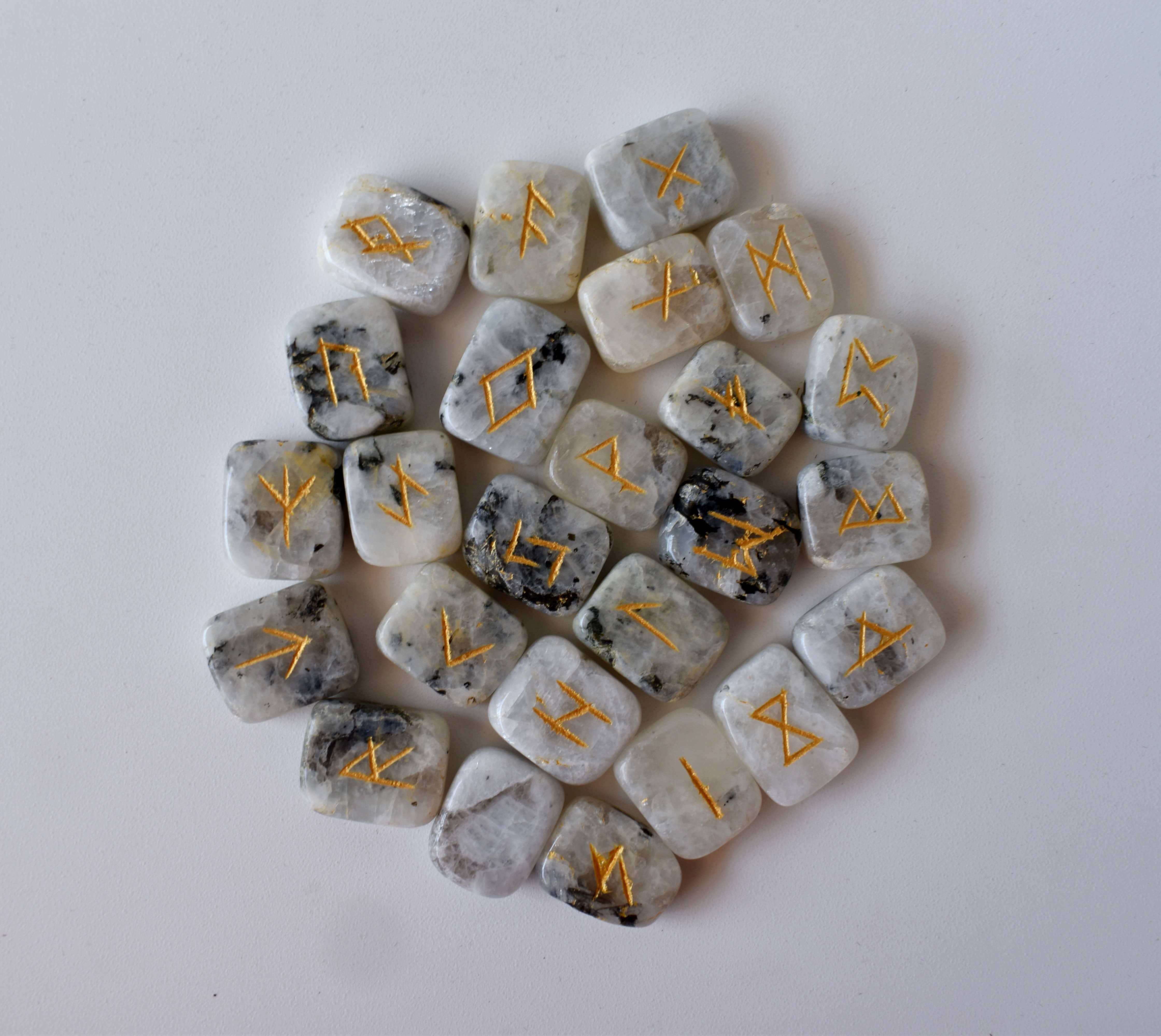 Rainbow Moonstone Rune Set - Aaa Grade Gemstones, 25 Hand-carved Futhark Symbols, Beautifully Packaged With Pouch & Guidebook, Optional Wooden Grid Plate