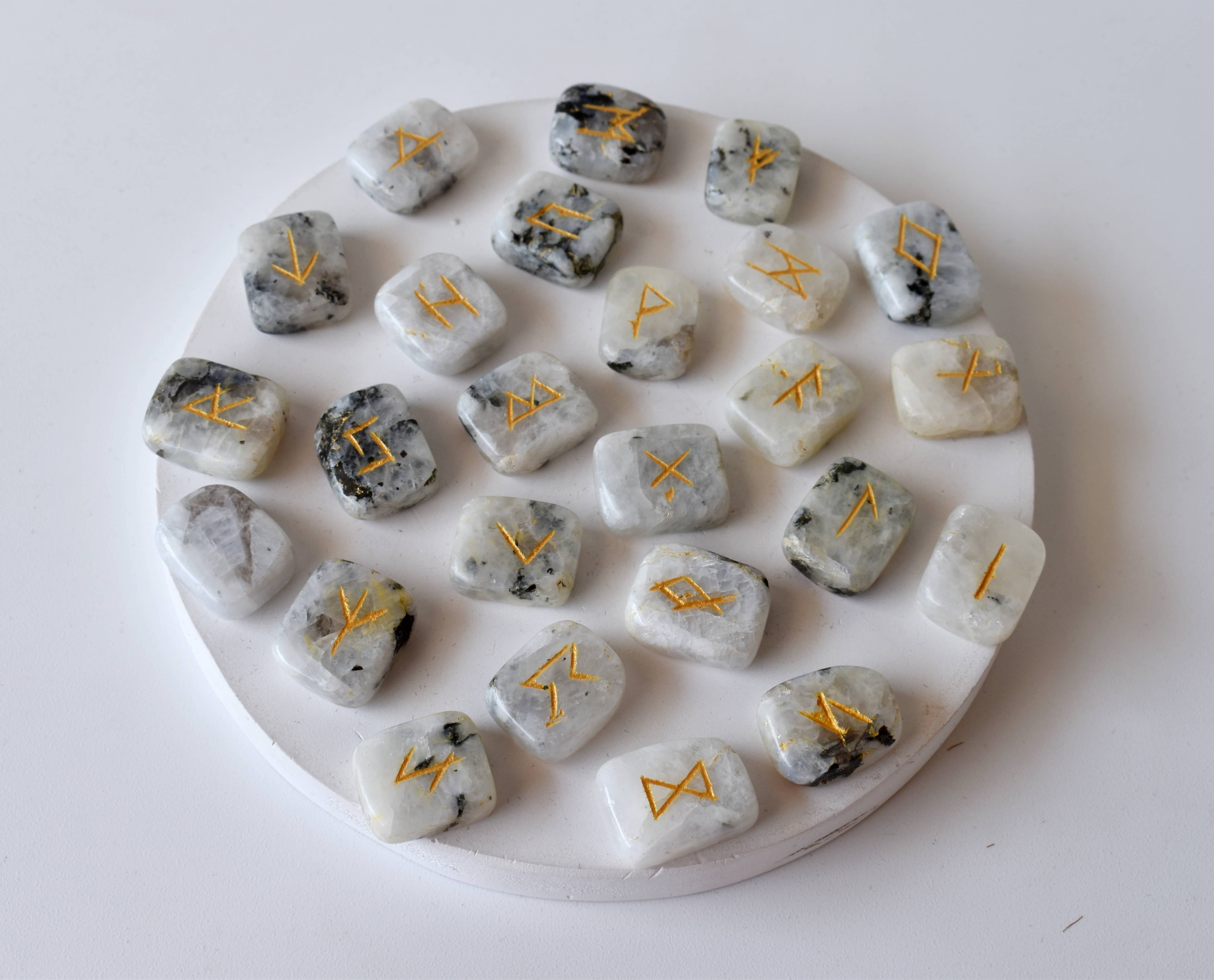 Rainbow Moonstone Rune Set - Aaa Grade Gemstones, 25 Hand-carved Futhark Symbols, Beautifully Packaged With Pouch & Guidebook, Optional Wooden Grid Plate