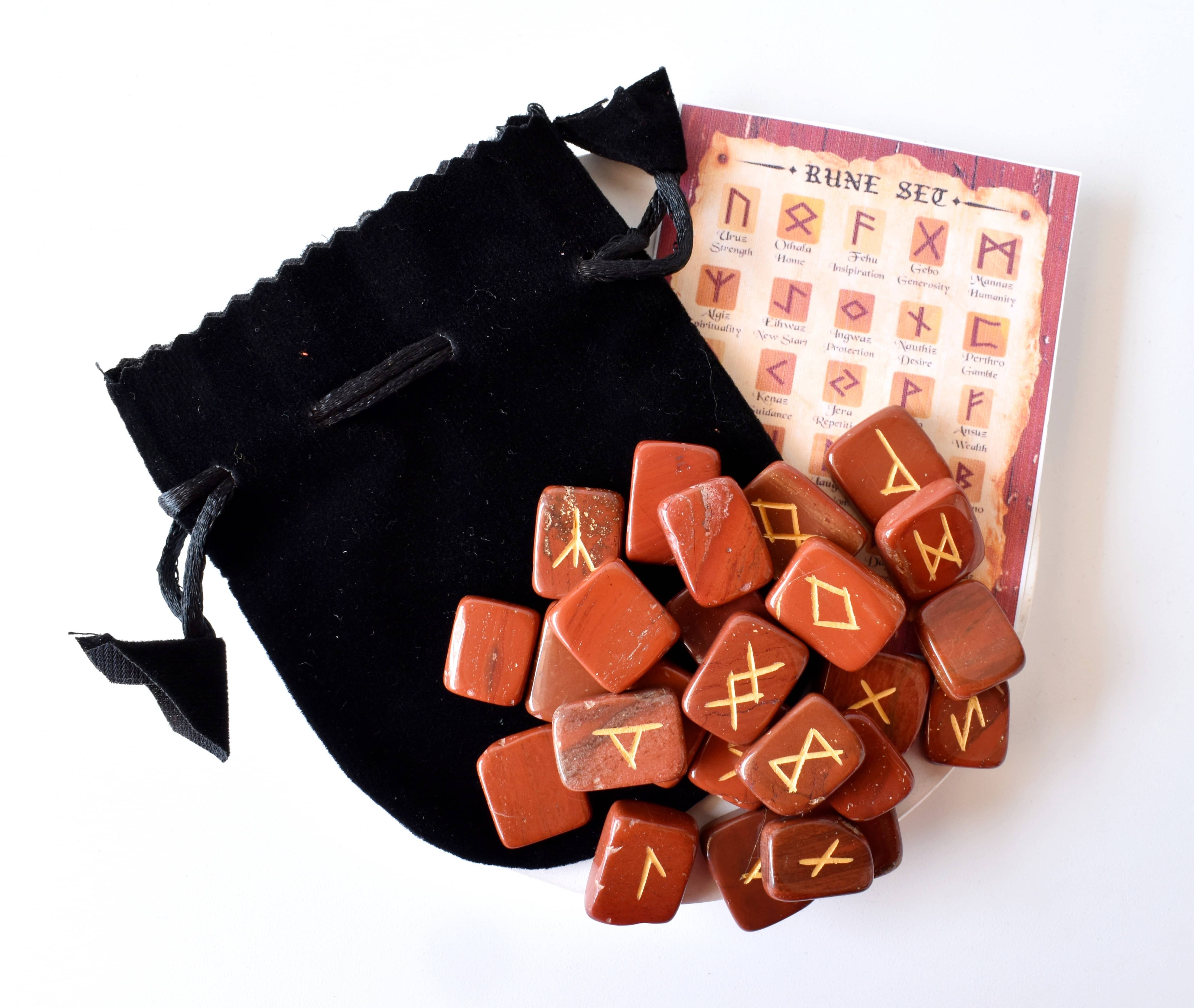 Red Jasper Rune Set - 25 Hand-carved Natural Gemstones, Unique Futhark Symbols, Includes Pouch, Info Cards & Optional 6" Wooden Grid Plate