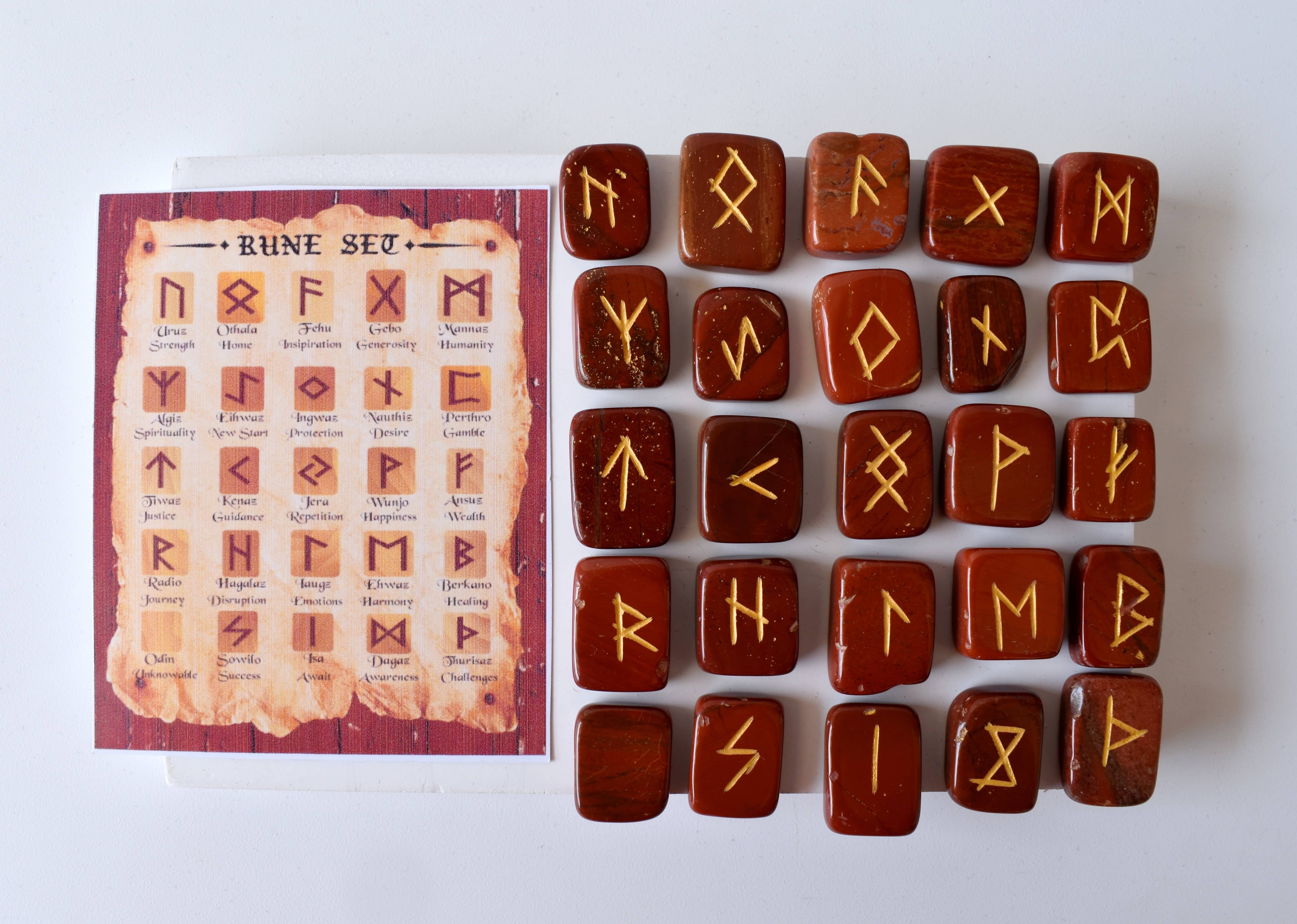 Red Jasper Rune Set - 25 Hand-carved Natural Gemstones, Unique Futhark Symbols, Includes Pouch, Info Cards & Optional 6" Wooden Grid Plate