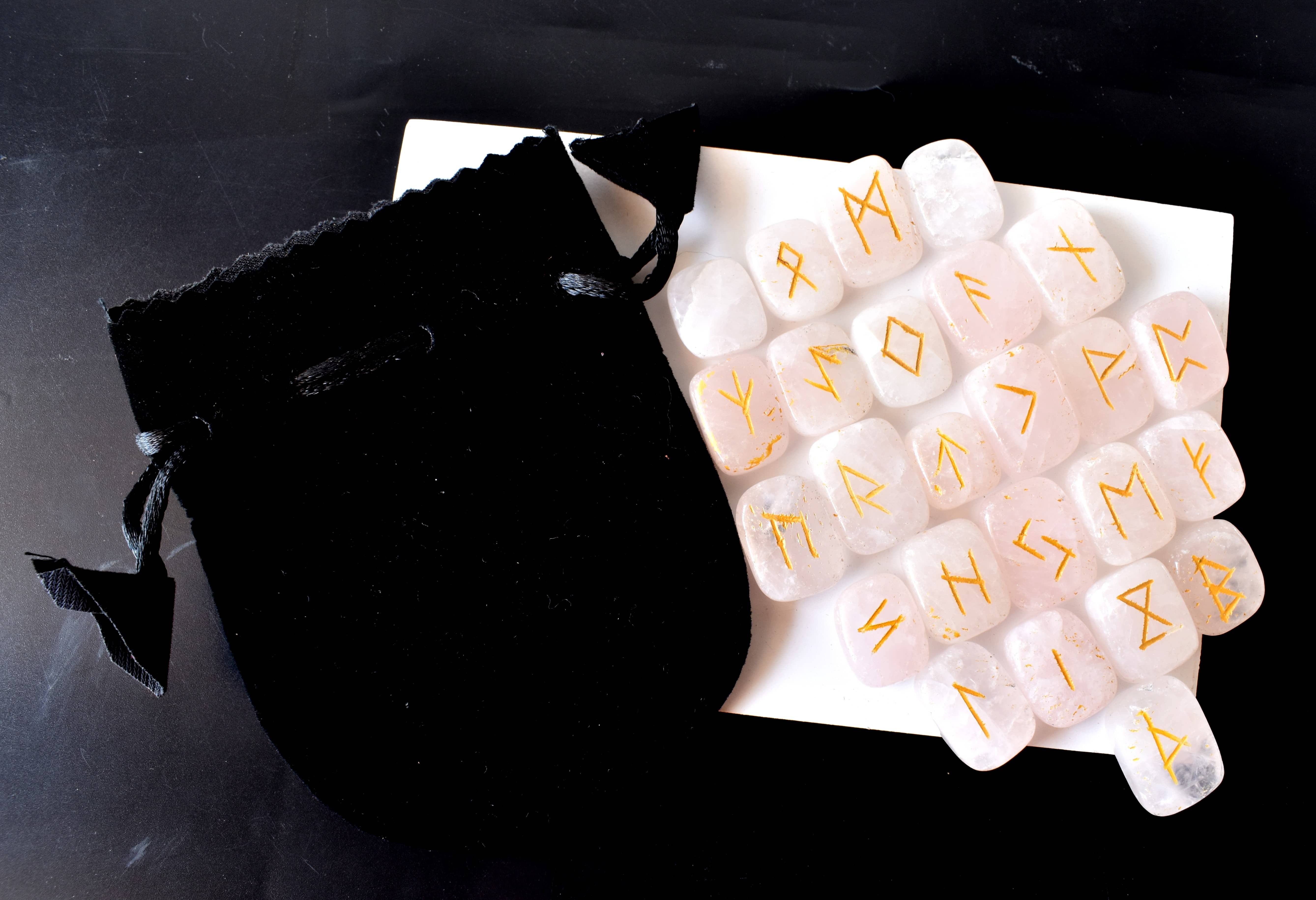 Rose Quartz Rune Set - Aaa Grade Natural Quartz , 25 Hand-carved Unique Futhark Symbols With Guidebook & Pouch For Interpretation