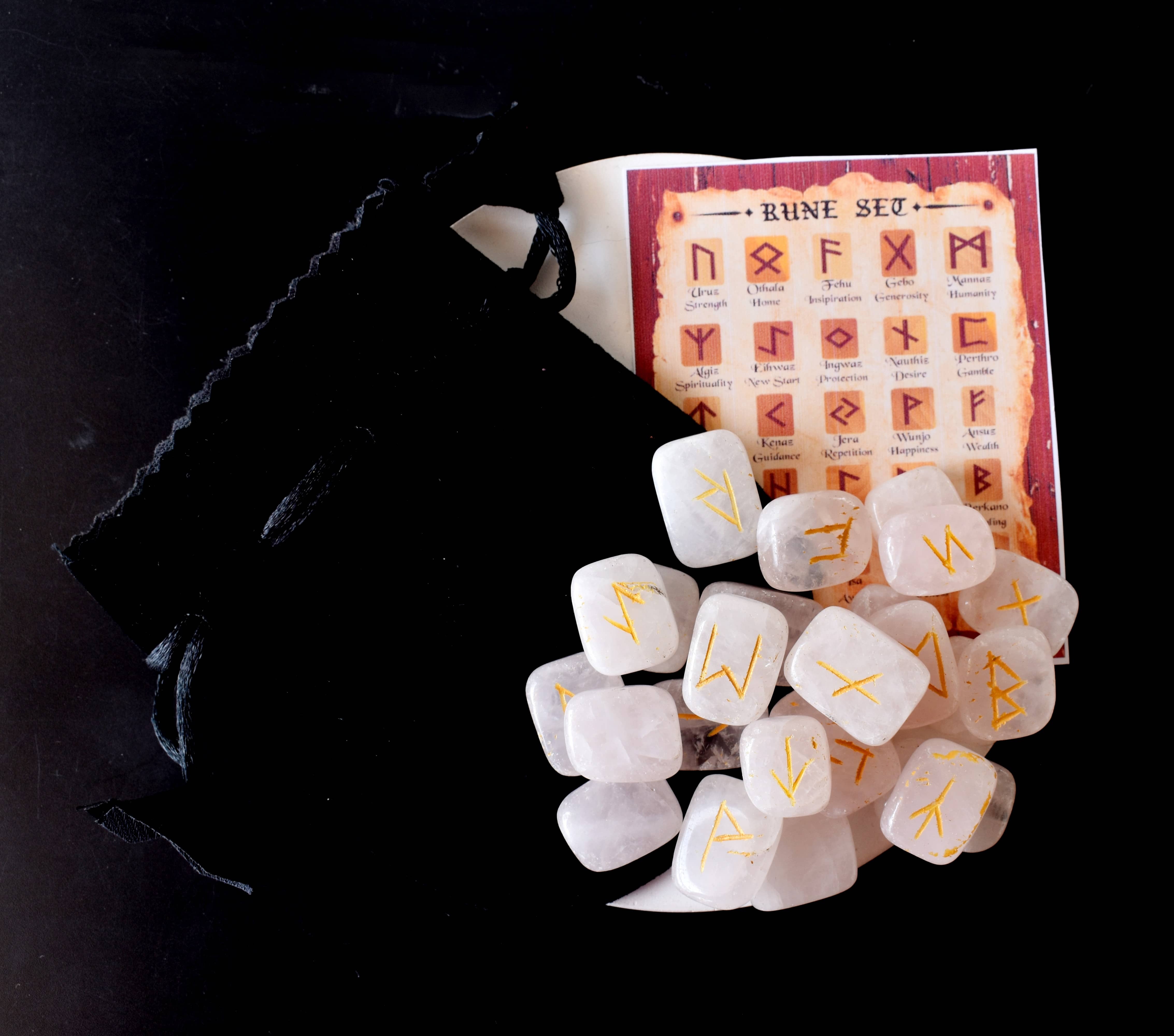 Rose Quartz Rune Set - Aaa Grade Natural Quartz , 25 Hand-carved Unique Futhark Symbols With Guidebook & Pouch For Interpretation