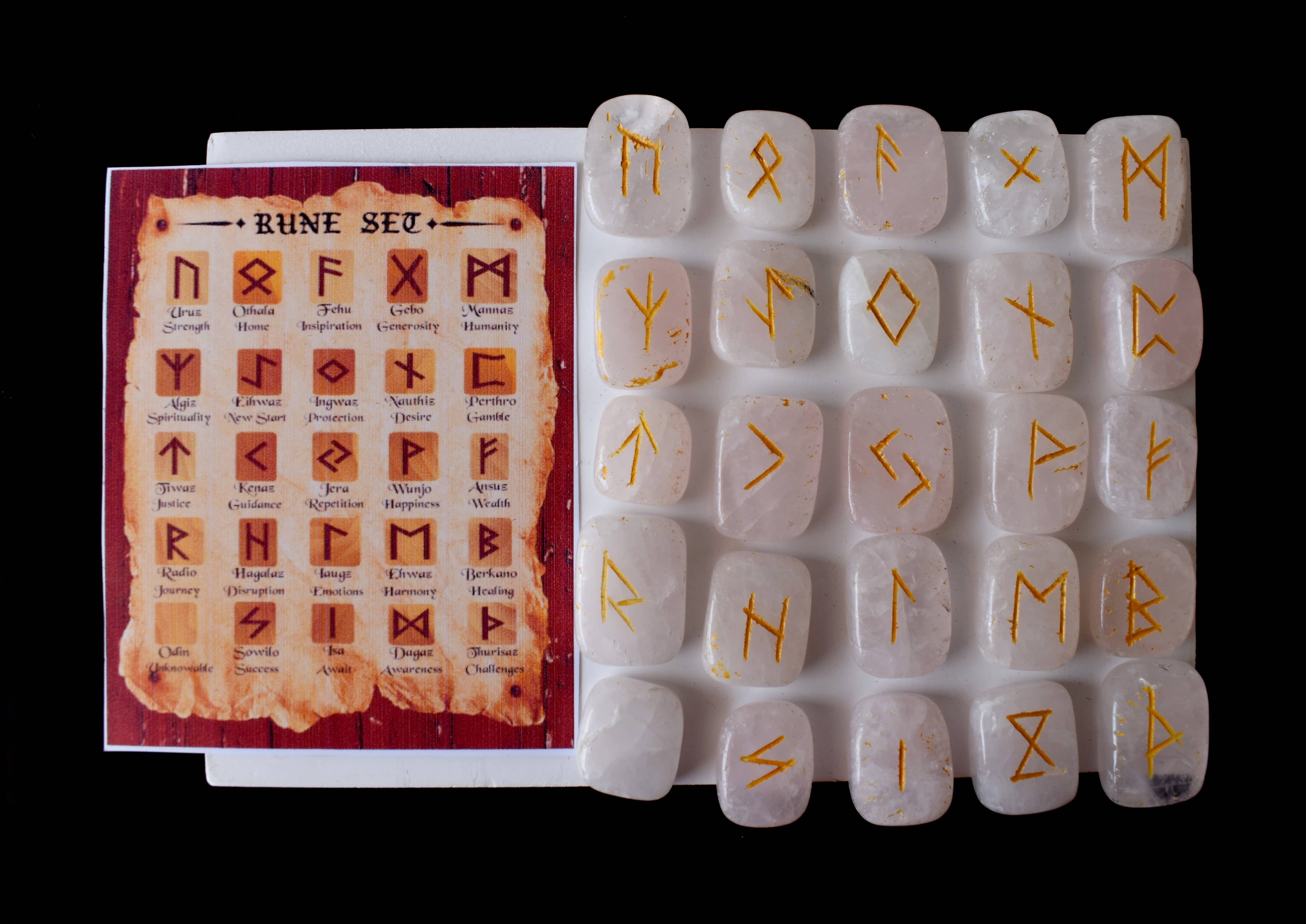 Rose Quartz Rune Set - Aaa Grade Natural Quartz , 25 Hand-carved Unique Futhark Symbols With Guidebook & Pouch For Interpretation