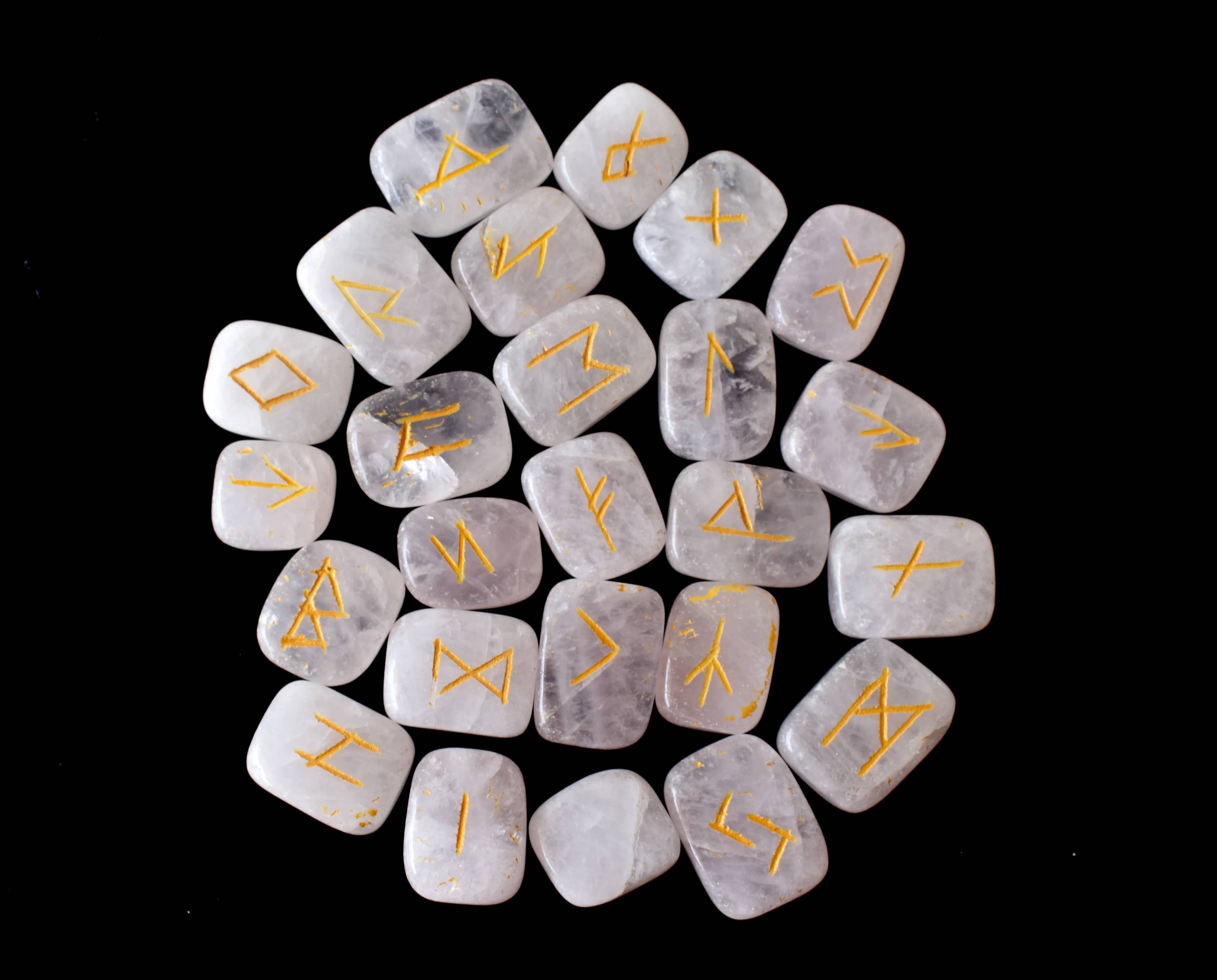 Rose Quartz Rune Set - Aaa Grade Natural Quartz , 25 Hand-carved Unique Futhark Symbols With Guidebook & Pouch For Interpretation
