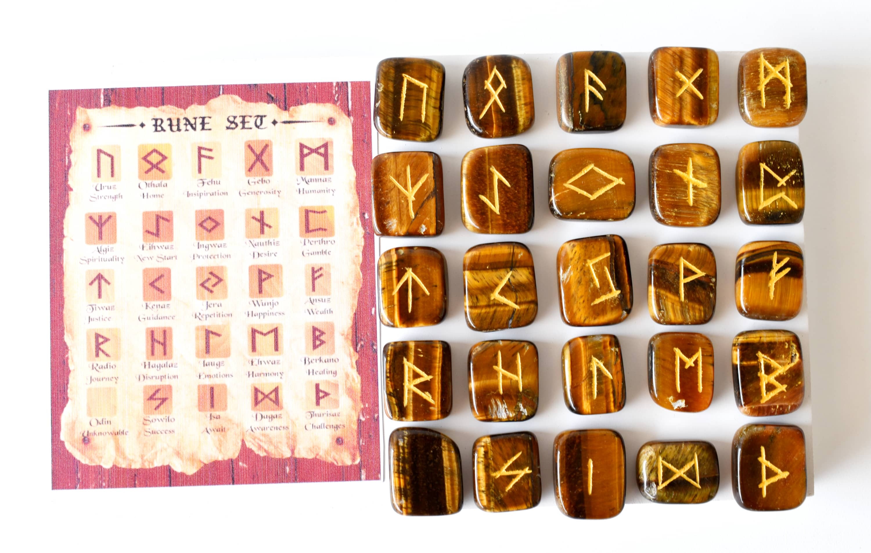 Tiger Eye Rune Set - Natural Aaa Quality, 25 Hand-carved Futhark Symbols With Interpretation Guidebook & Pouch