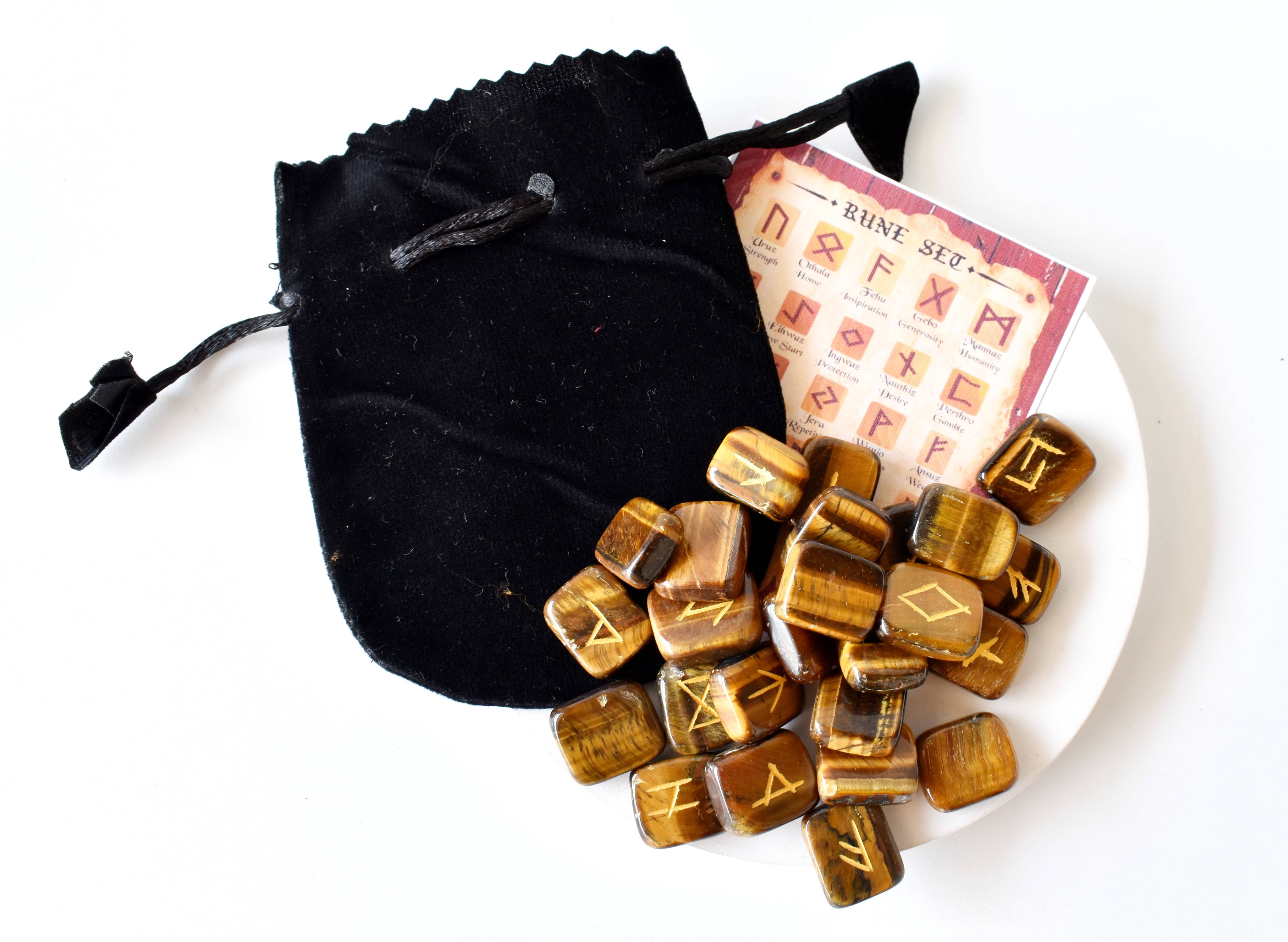Tiger Eye Rune Set - Natural Aaa Quality, 25 Hand-carved Futhark Symbols With Interpretation Guidebook & Pouch