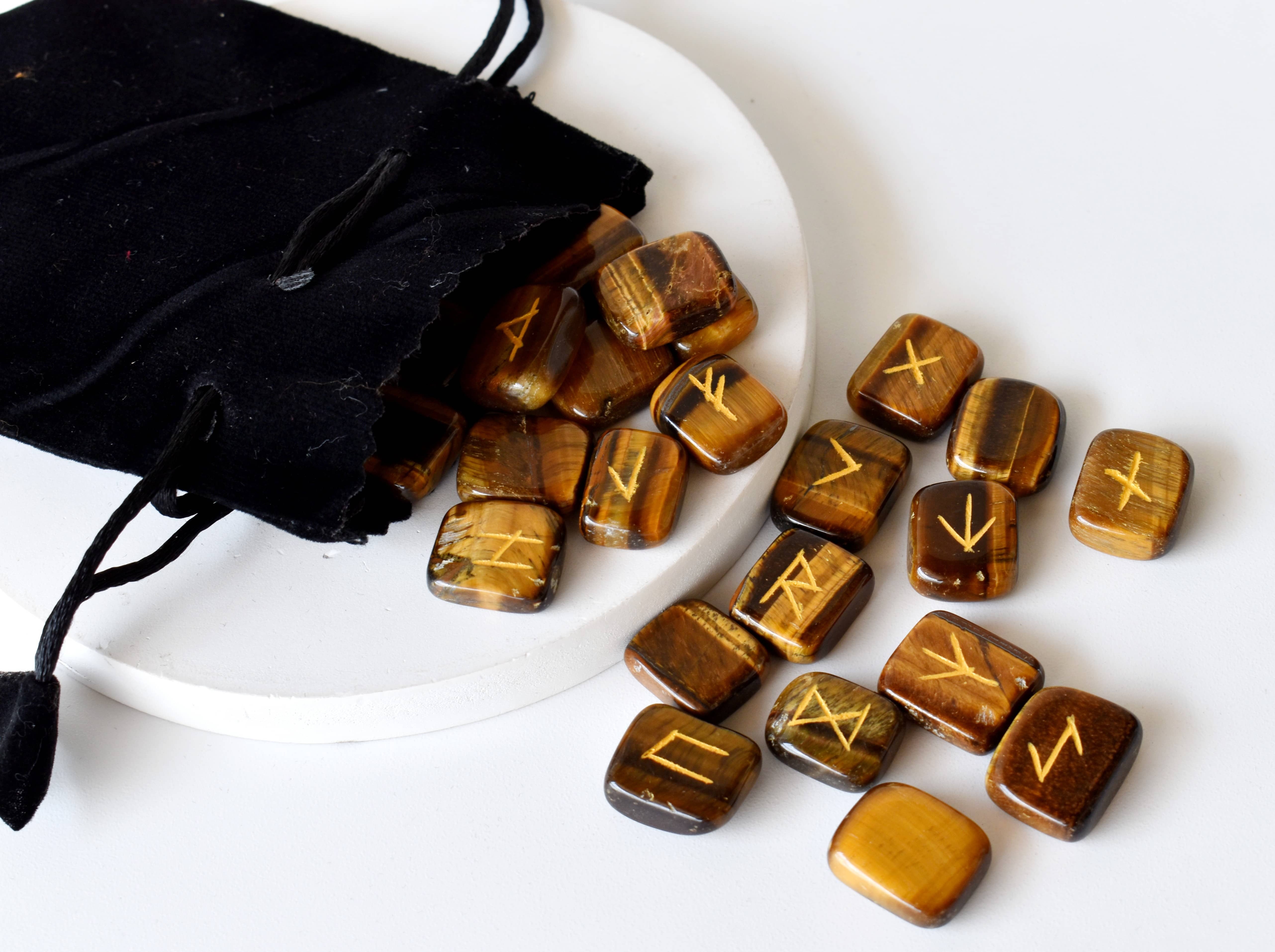 Tiger Eye Rune Set - Natural Aaa Quality, 25 Hand-carved Futhark Symbols With Interpretation Guidebook & Pouch