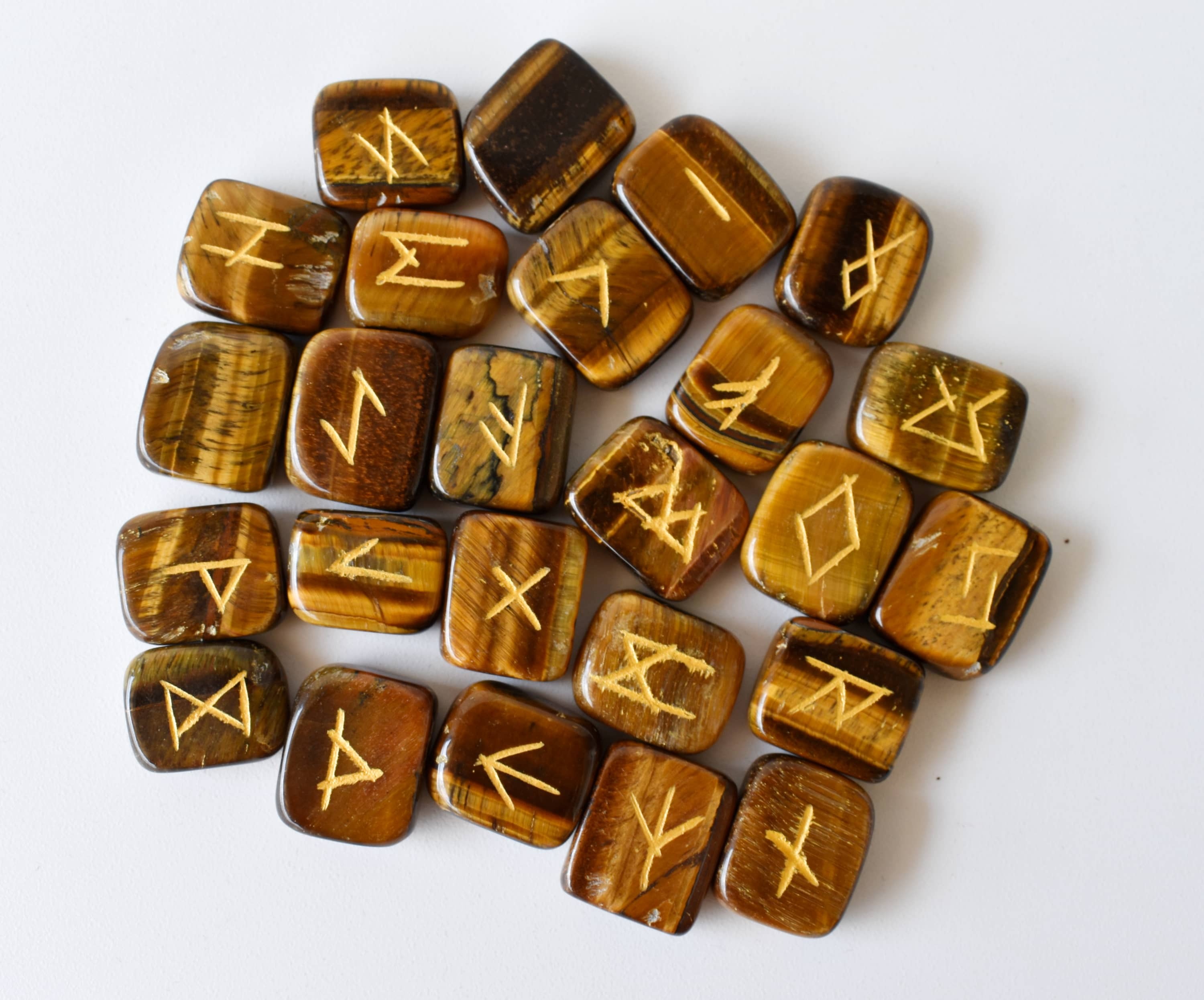 Tiger Eye Rune Set - Natural Aaa Quality, 25 Hand-carved Futhark Symbols With Interpretation Guidebook & Pouch