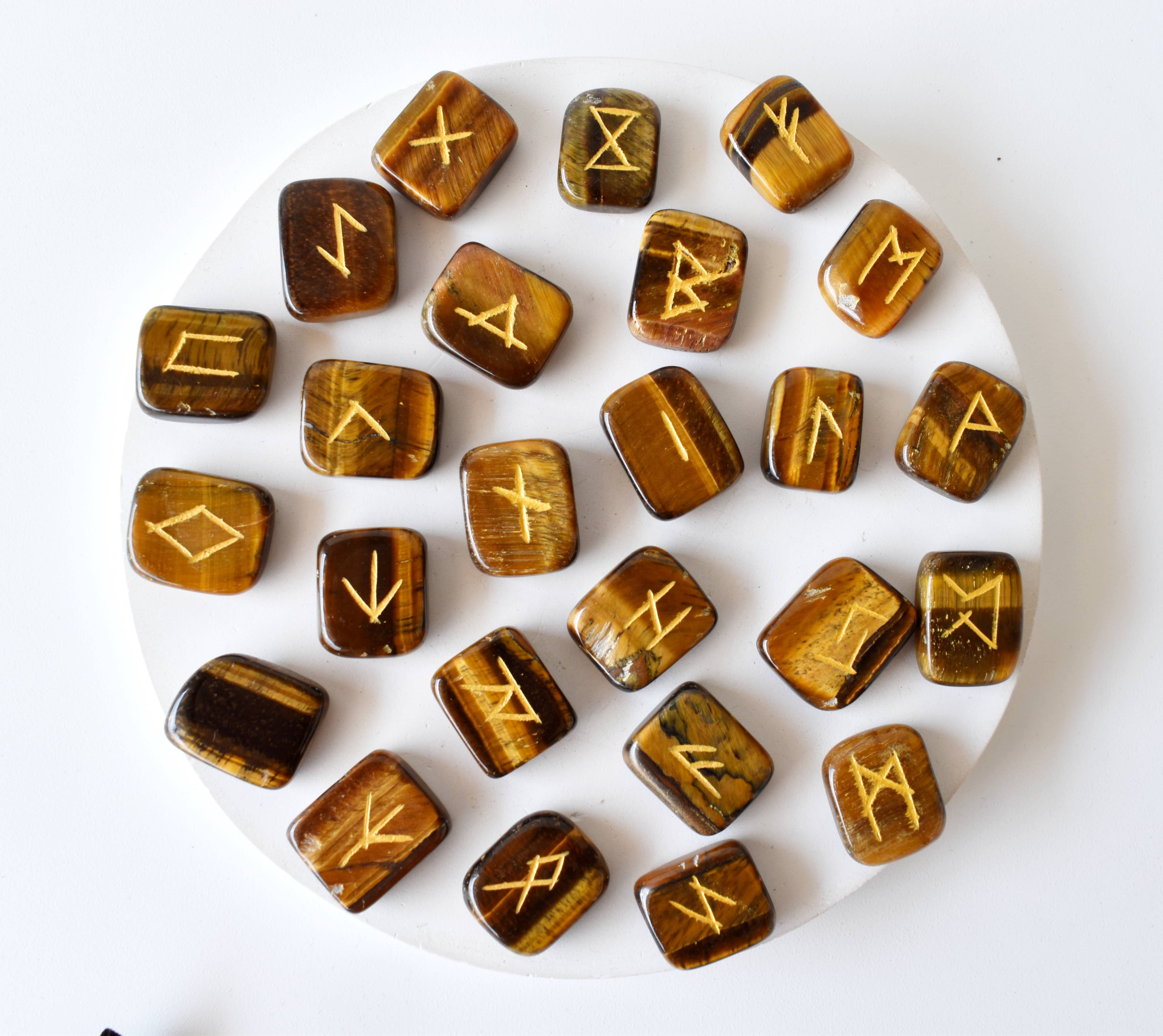 Tiger Eye Rune Set - Natural Aaa Quality, 25 Hand-carved Futhark Symbols With Interpretation Guidebook & Pouch