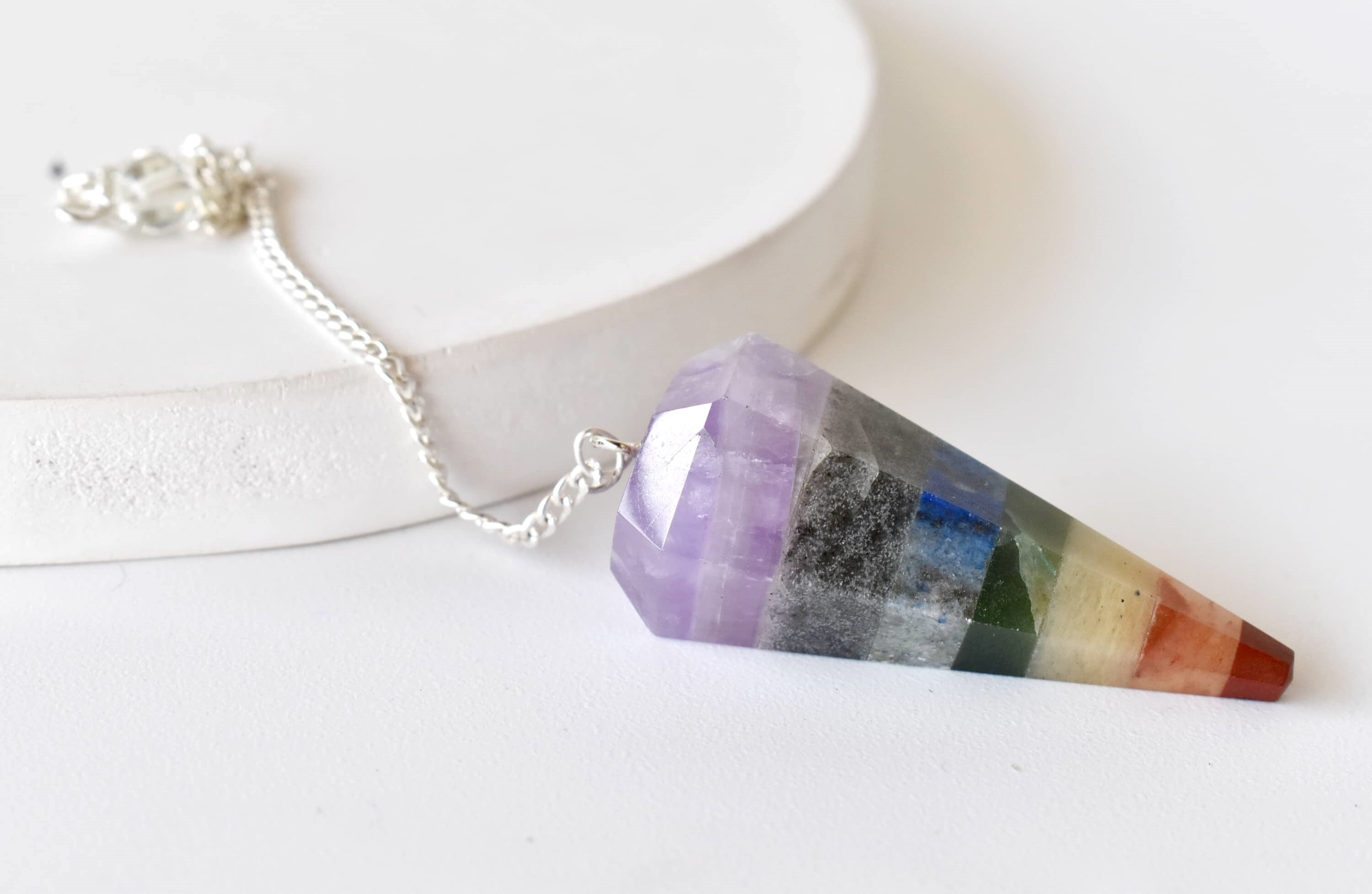 Bonded Chakra Faceted Cone Reiki Pendulum Crystal Healing Gemstone - Aaa Grade Natural Gemstones, 30-35 Mm Multicolour, 13g Weight, Chain Included