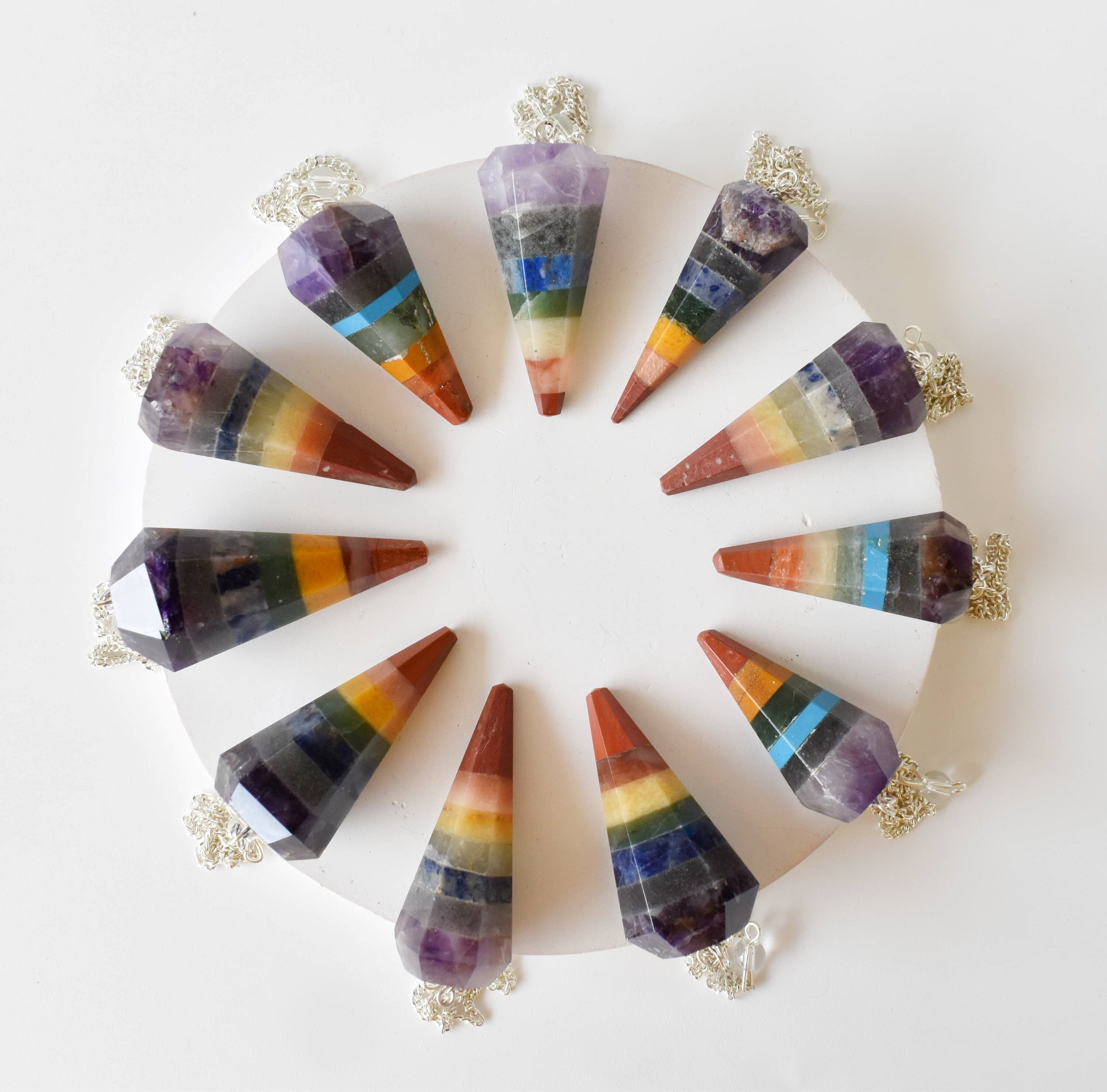 Bonded Chakra Faceted Cone Reiki Pendulum Crystal Healing Gemstone - Aaa Grade Natural Gemstones, 30-35 Mm Multicolour, 13g Weight, Chain Included