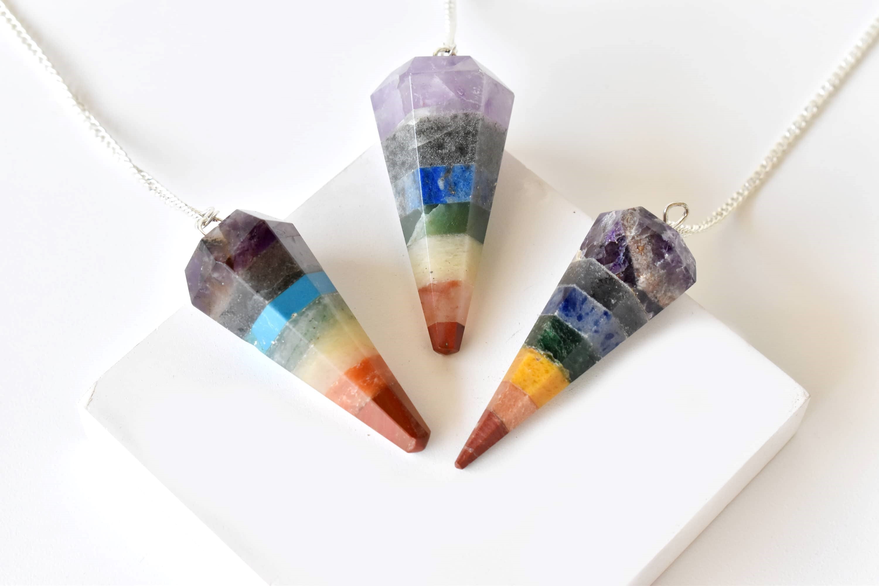 Bonded Chakra Faceted Cone Reiki Pendulum Crystal Healing Gemstone - Aaa Grade Natural Gemstones, 30-35 Mm Multicolour, 13g Weight, Chain Included