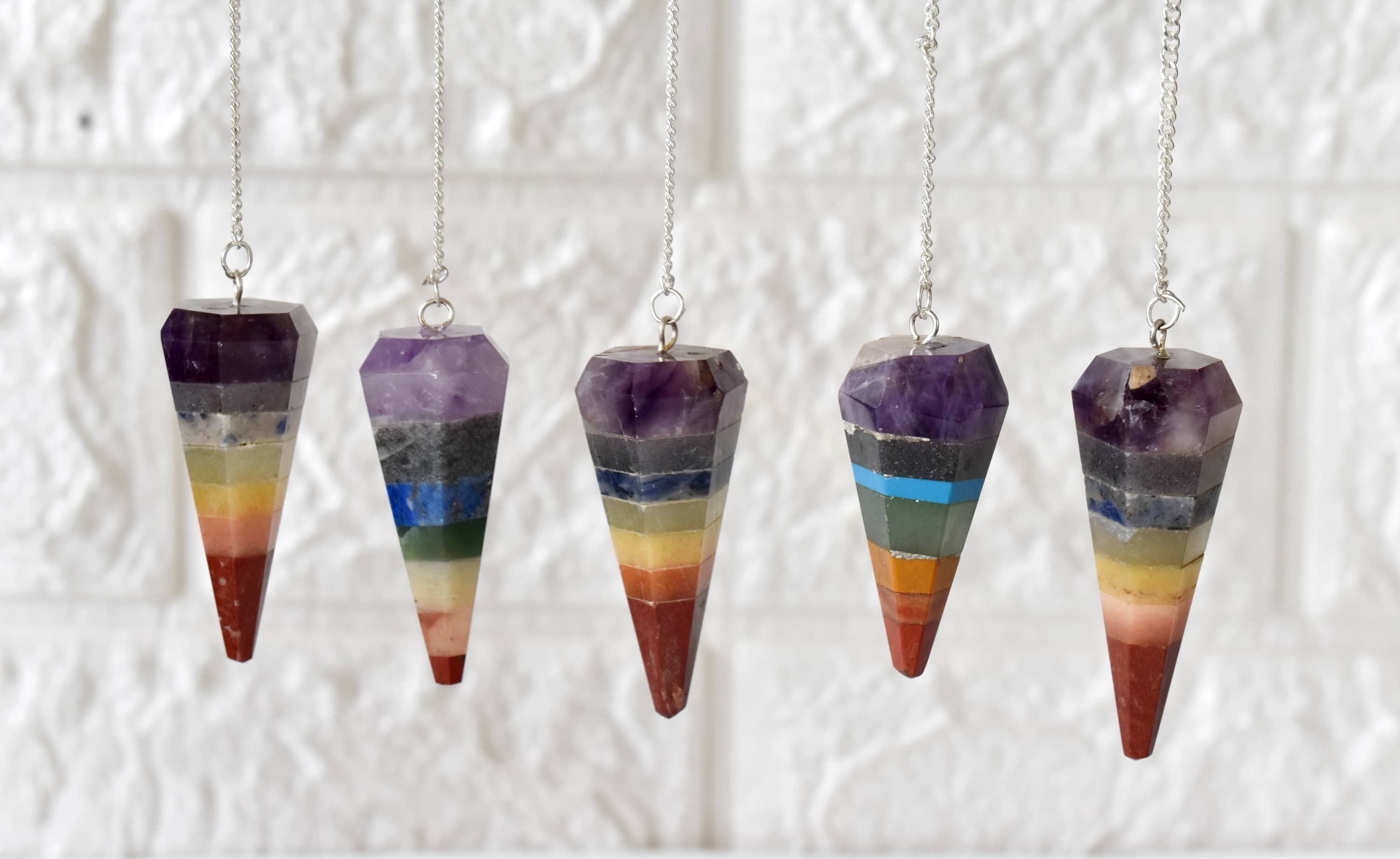 Bonded Chakra Faceted Cone Reiki Pendulum Crystal Healing Gemstone - Aaa Grade Natural Gemstones, 30-35 Mm Multicolour, 13g Weight, Chain Included