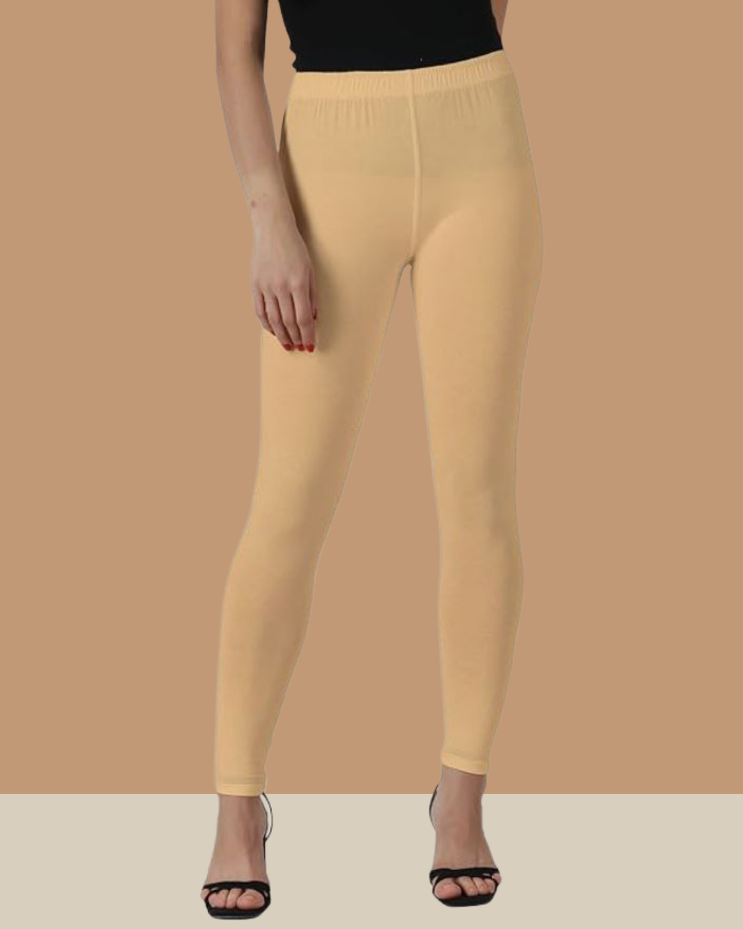 Beige Ankle Length Gym Leggings - 95% Cotton & 5% Lycra, Hip Size 34-48 Inch, Length 32-35 Inch, Trendy Style, All Season Wear, Available In Sizes L, M, Xl, Xxl