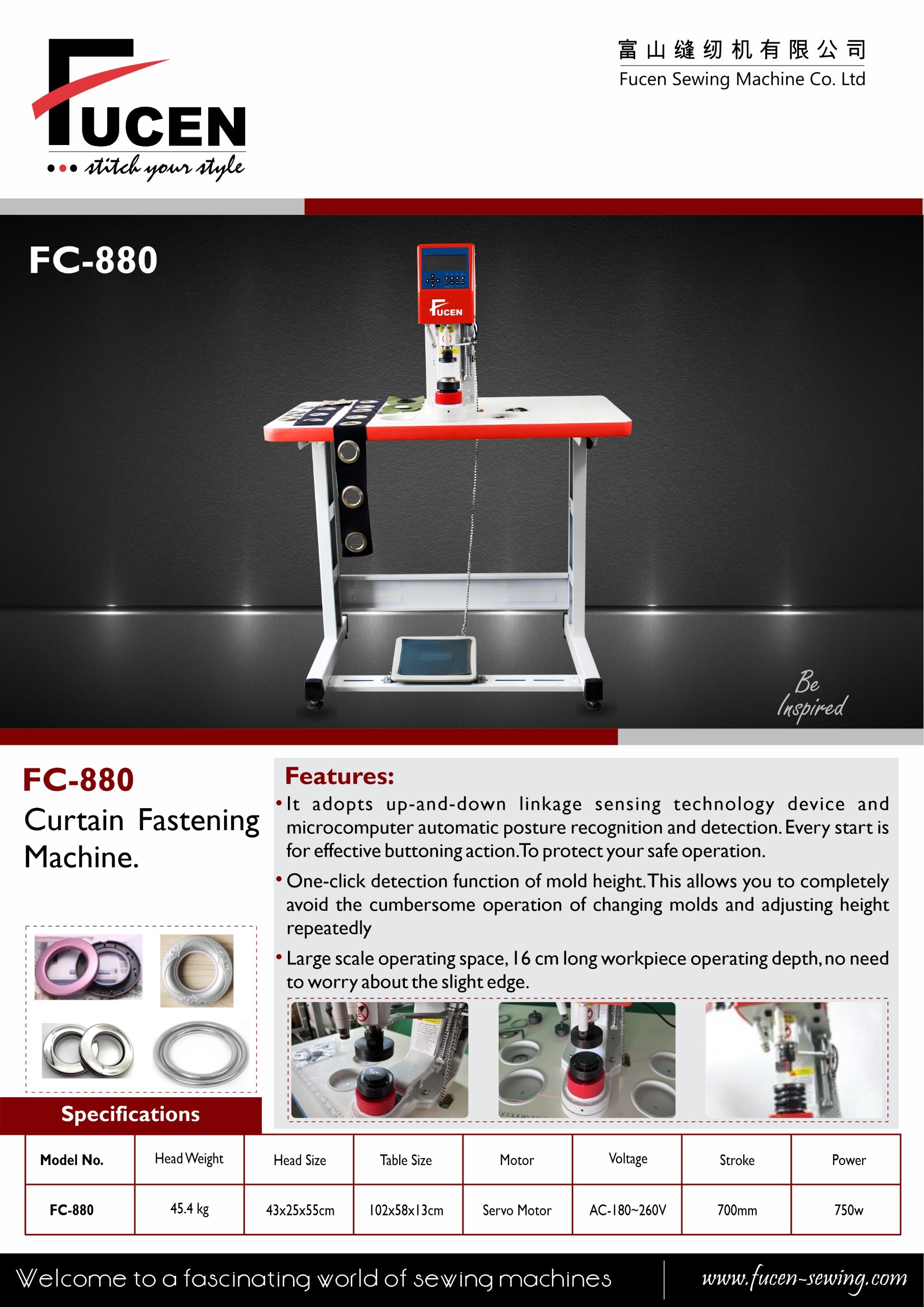 Fc-880 Curtain Fastening Machine - 43x25x55cm Size, Red & White Color, 220-240v Electric Operation | Advanced Linkage Sensing, Microcomputer Detection, One-click Mold Height Adjustment, 700mm Stroke, 750w Power, Large Operating Space