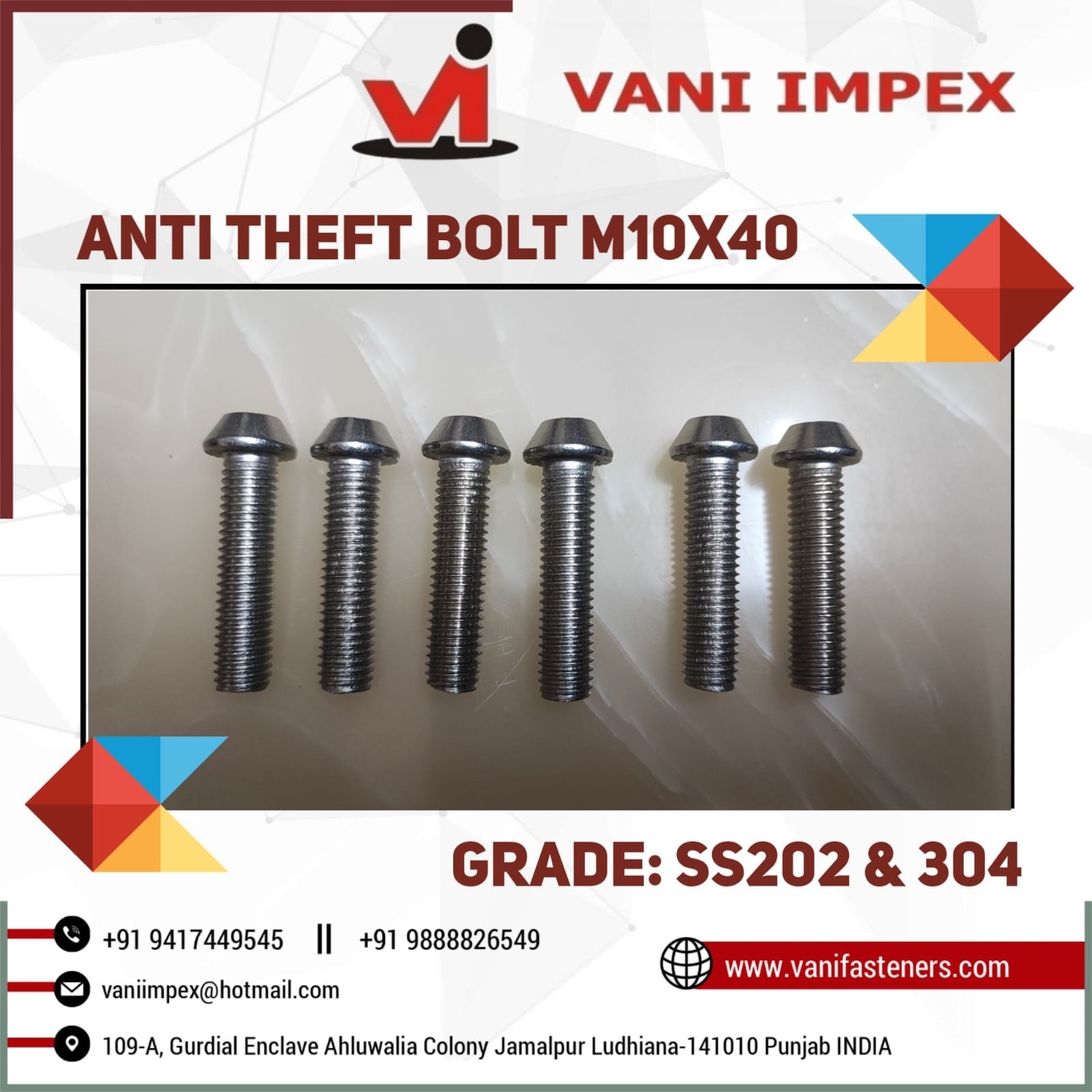 Ss304 Anti Theft Bolt M 10 X 40 - Stainless Steel, Size M10, Length 40mm | High Durability, Rust Resistance, Suitable For Security Applications