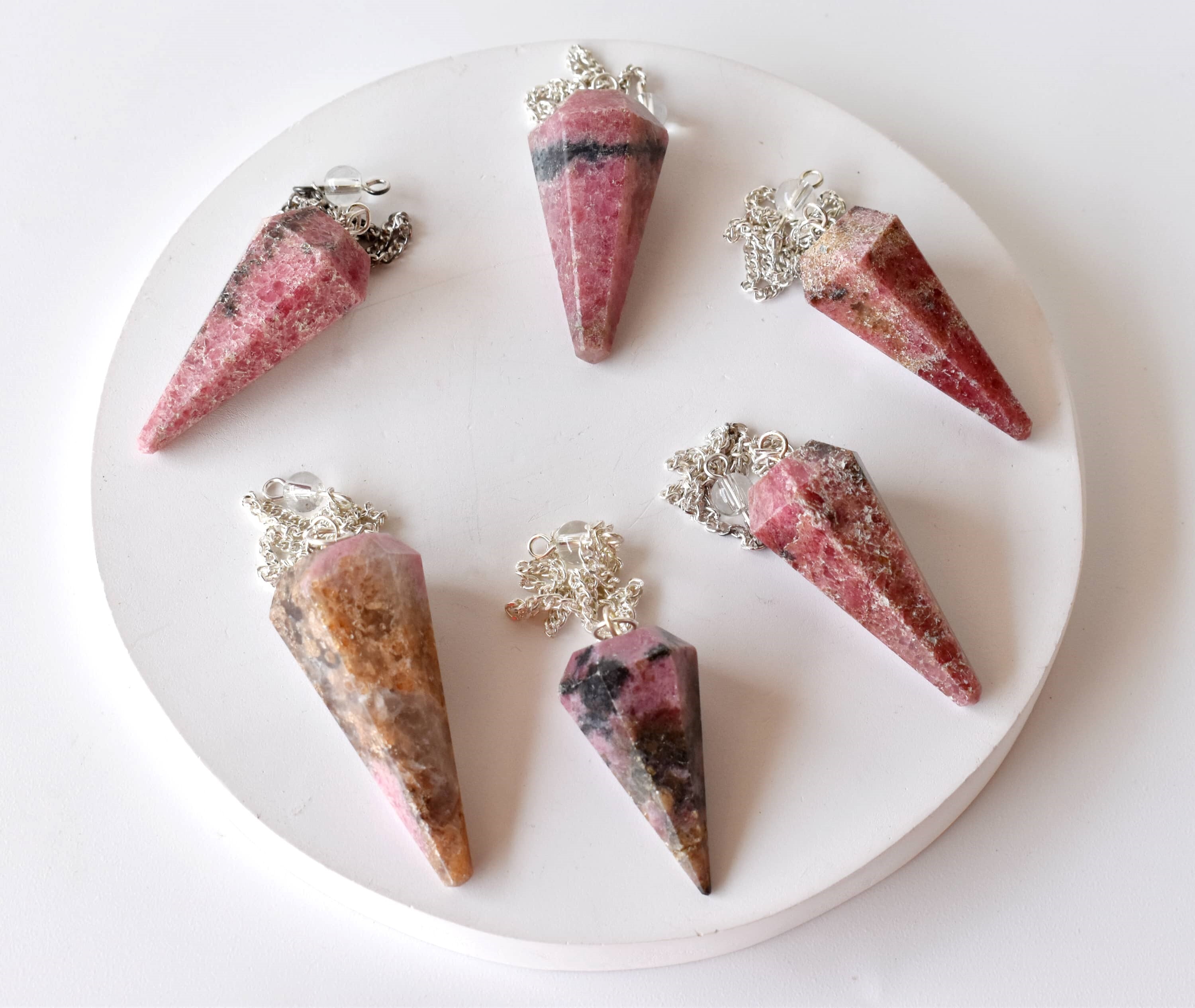 Rhodonite Faceted Cone Reiki Pendulum, Crystal Healing Gemstone - Grade: Aaa