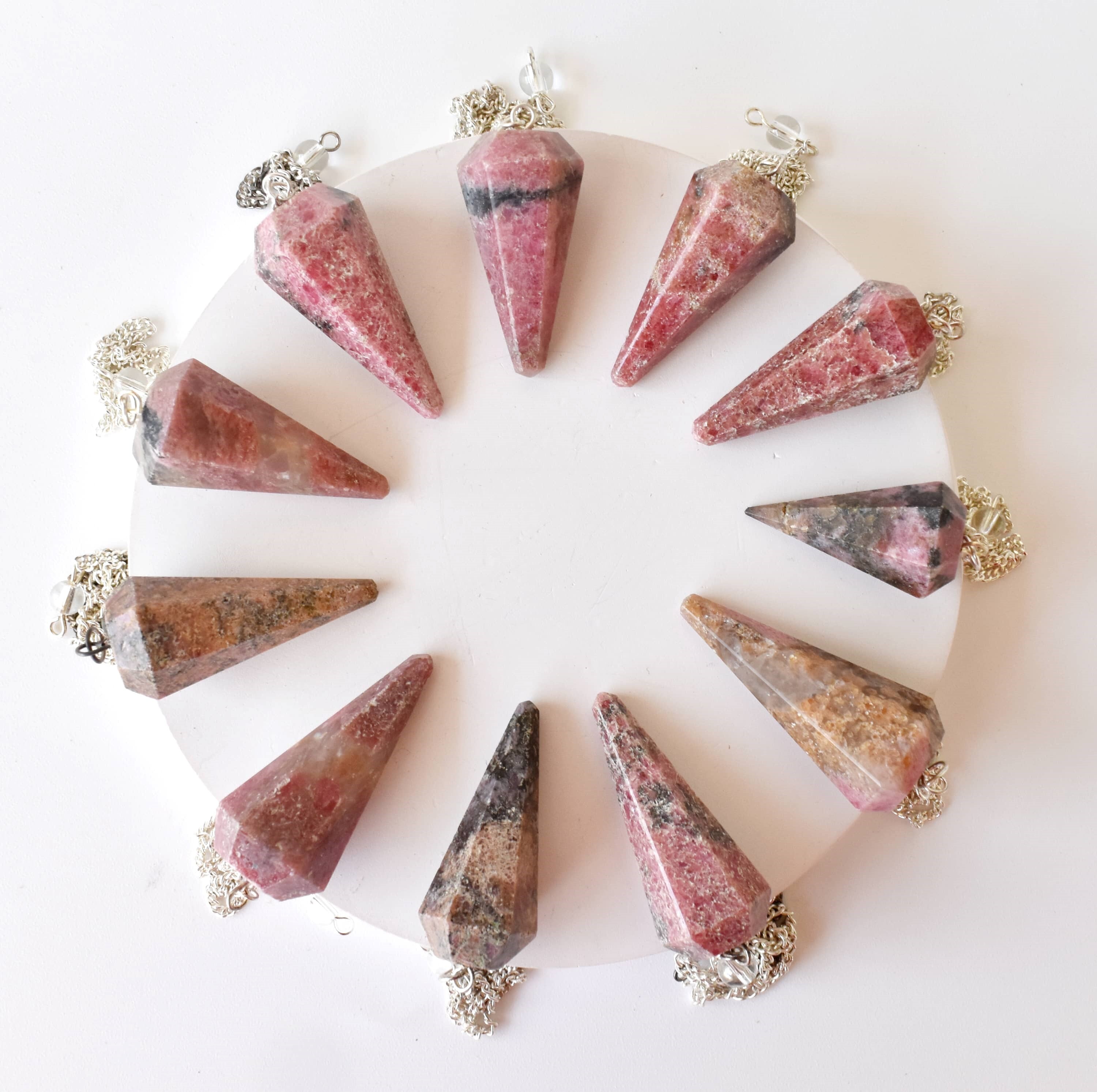 Rhodonite Faceted Cone Reiki Pendulum, Crystal Healing Gemstone - Grade: Aaa