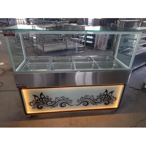 Cold Bain Marie Counter - Stainless Steel SS 304, Rectangular 4 Feet Height, 10 mm Glass Thickness | Polished Silver Finish, Hot & Cold Usage, 1 Shelf Design