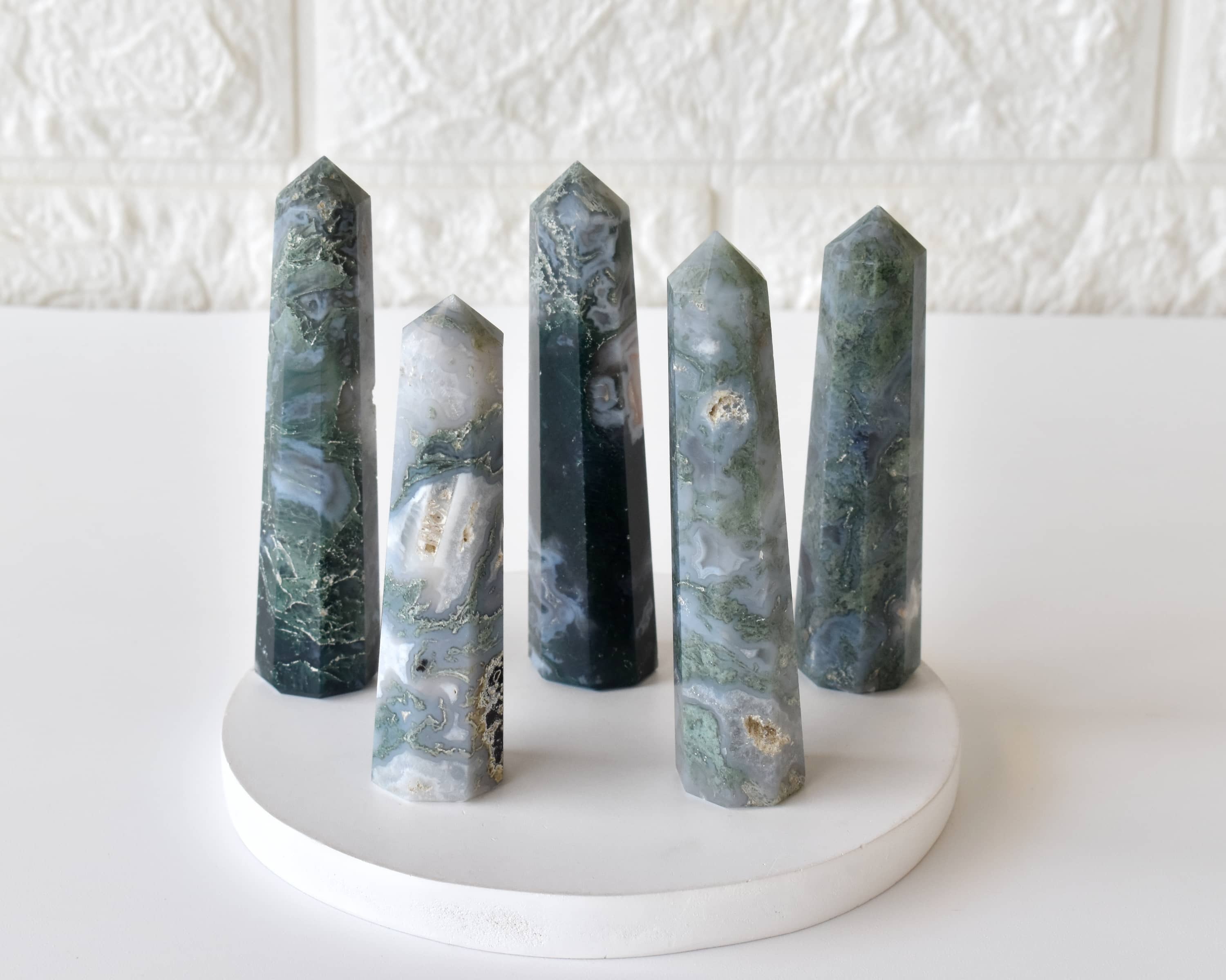 Moss Agate Obelisk Point Crystal Tower - Grade: Aaa