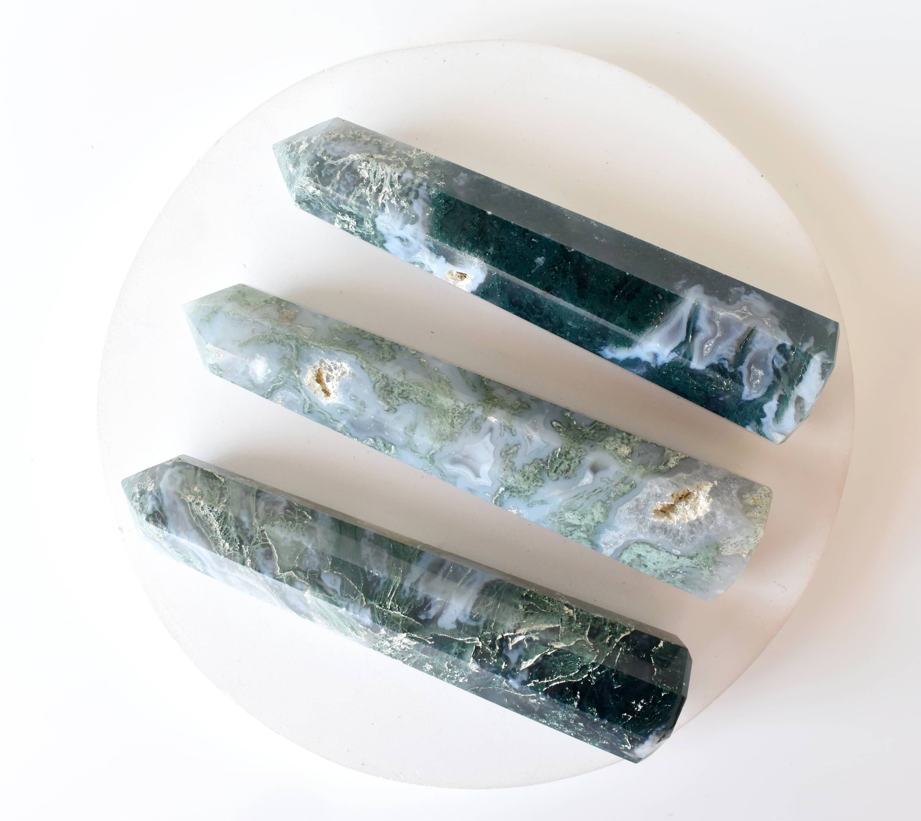 Moss Agate Obelisk Point Crystal Tower - Grade: Aaa