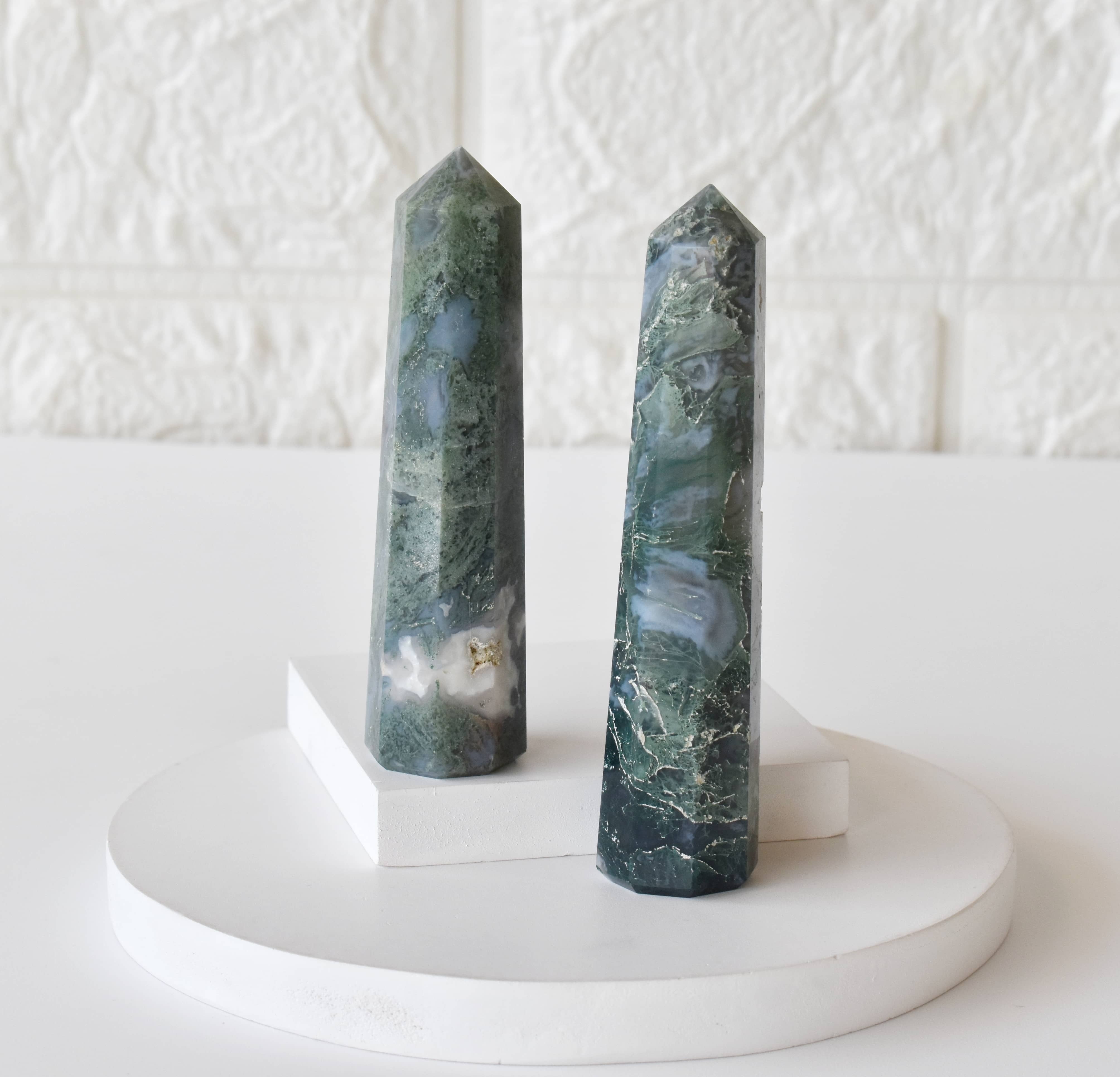 Moss Agate Obelisk Point Crystal Tower - Grade: Aaa