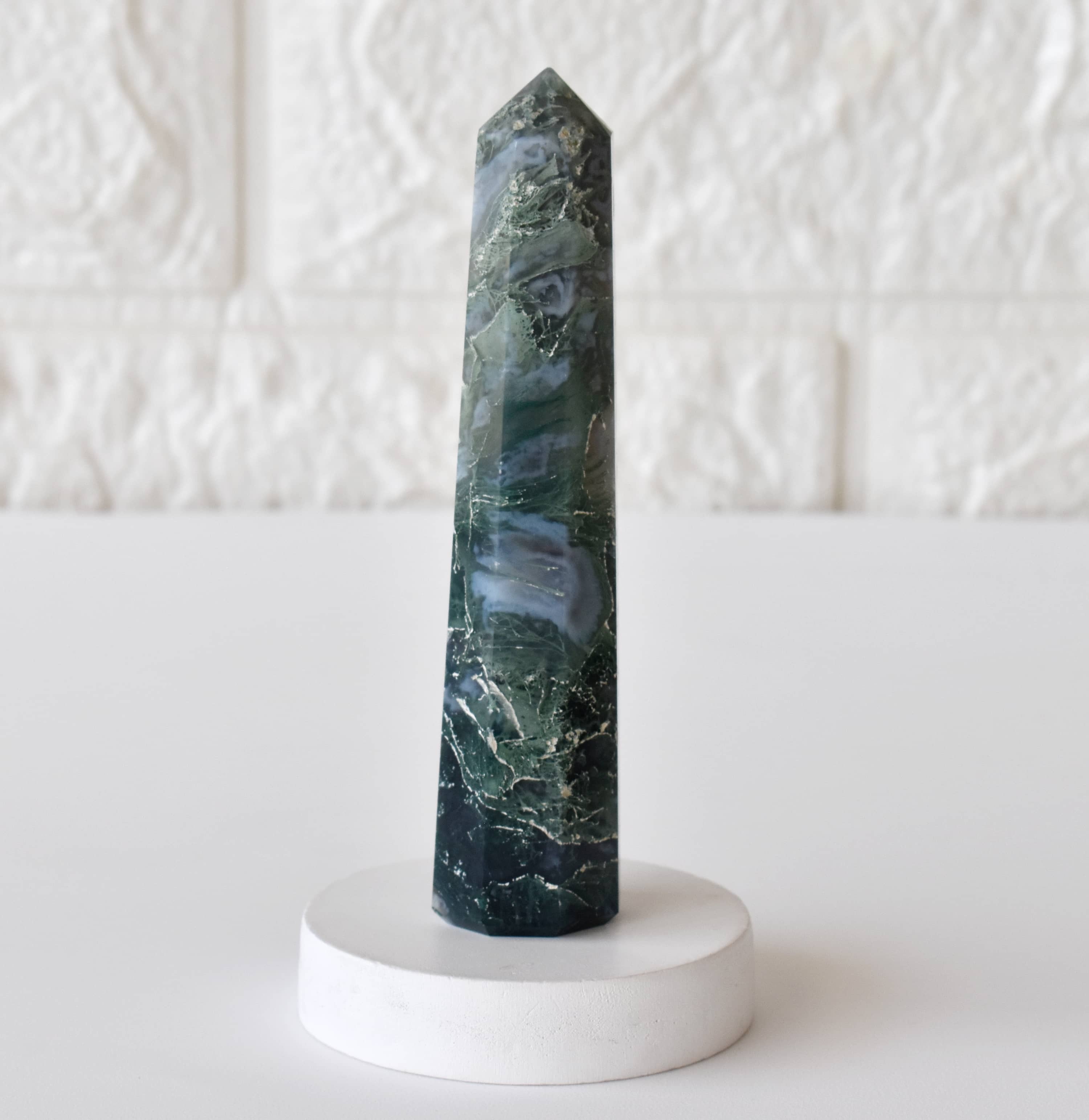 Moss Agate Obelisk Point Crystal Tower - Grade: Aaa