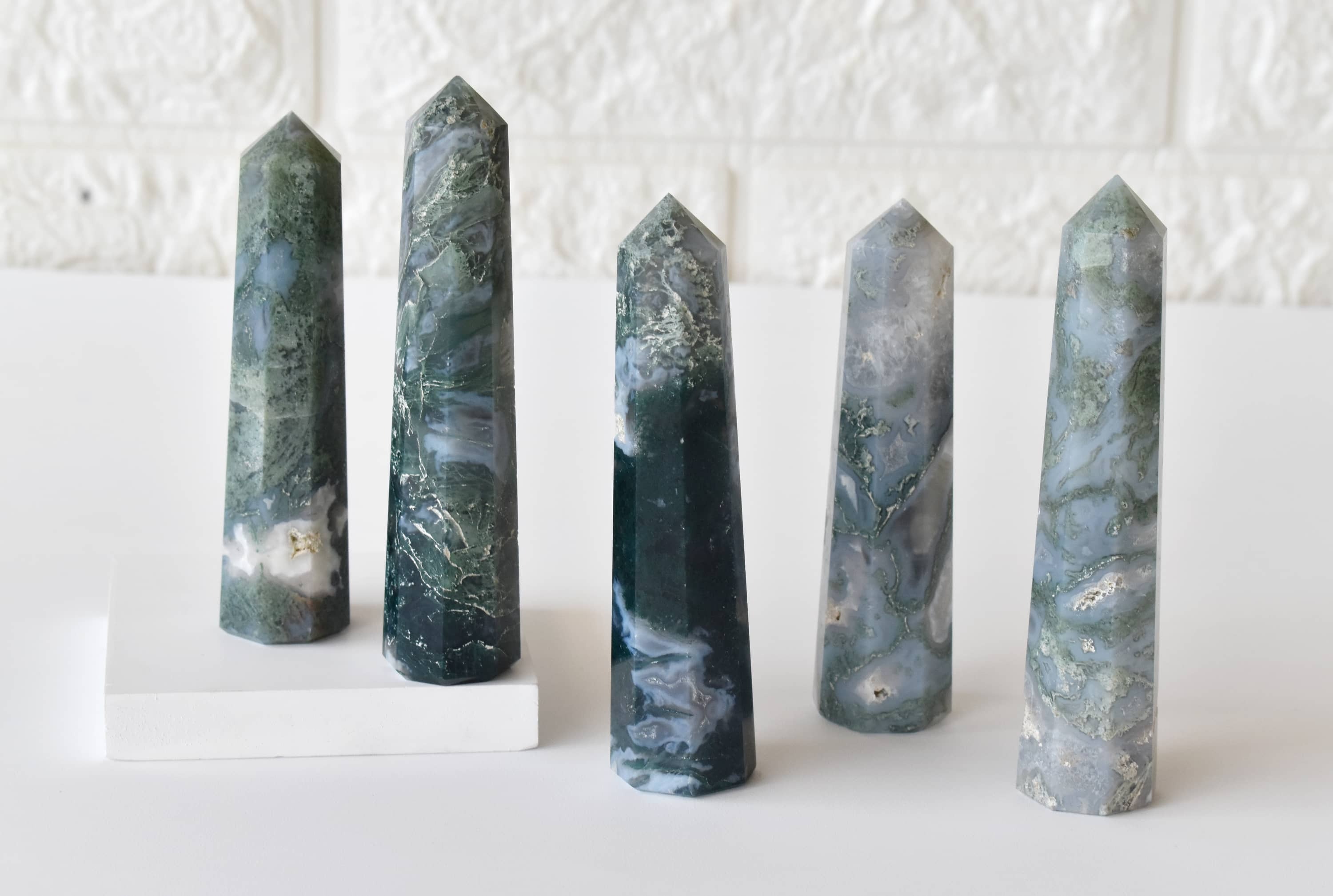 Moss Agate Obelisk Point Crystal Tower - Grade: Aaa
