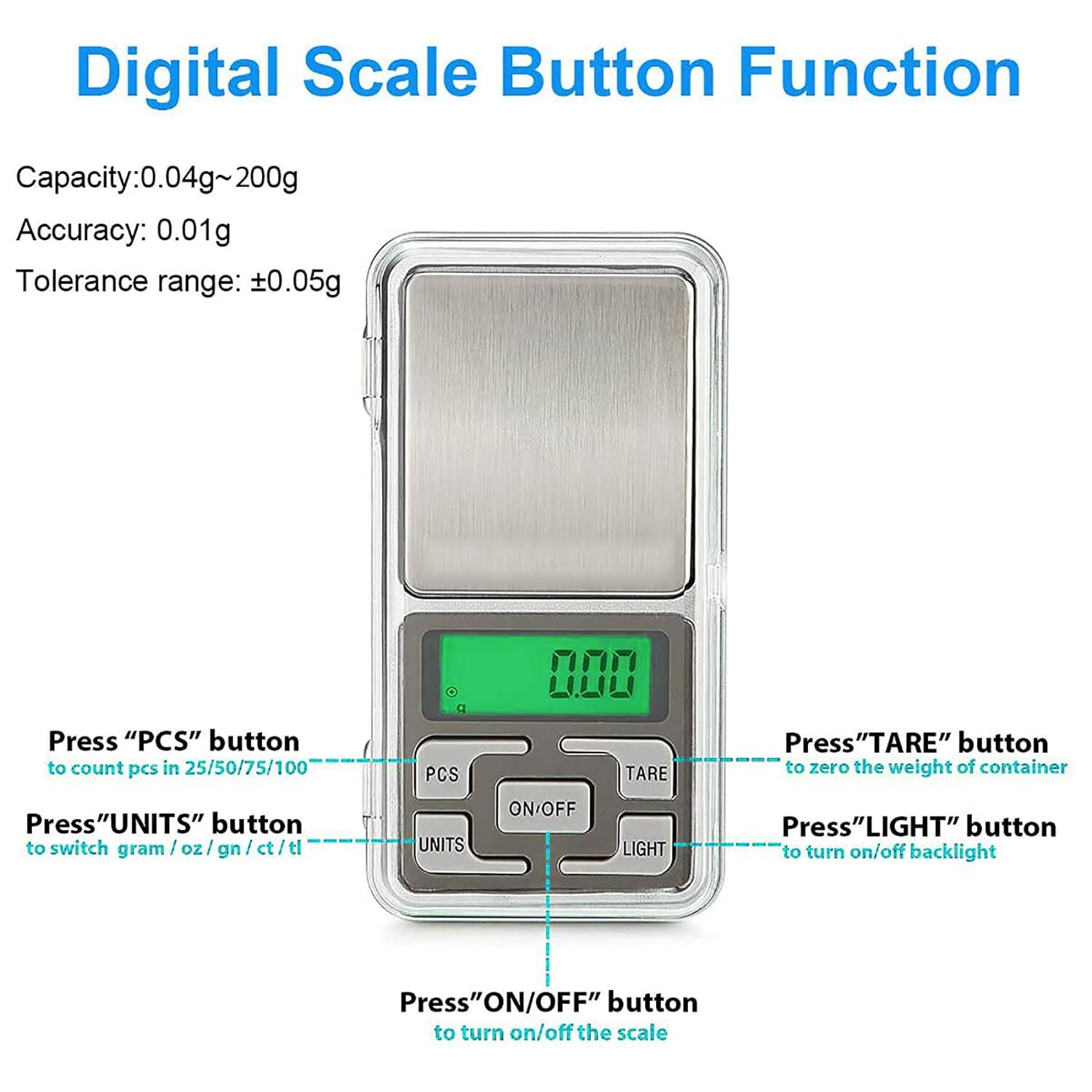 Digital Pocket Scale - 0.01g To 200g Capacity, Stainless Steel, 70x60x20mm | Backlit Lcd Display, Lightweight, Tare Function Included