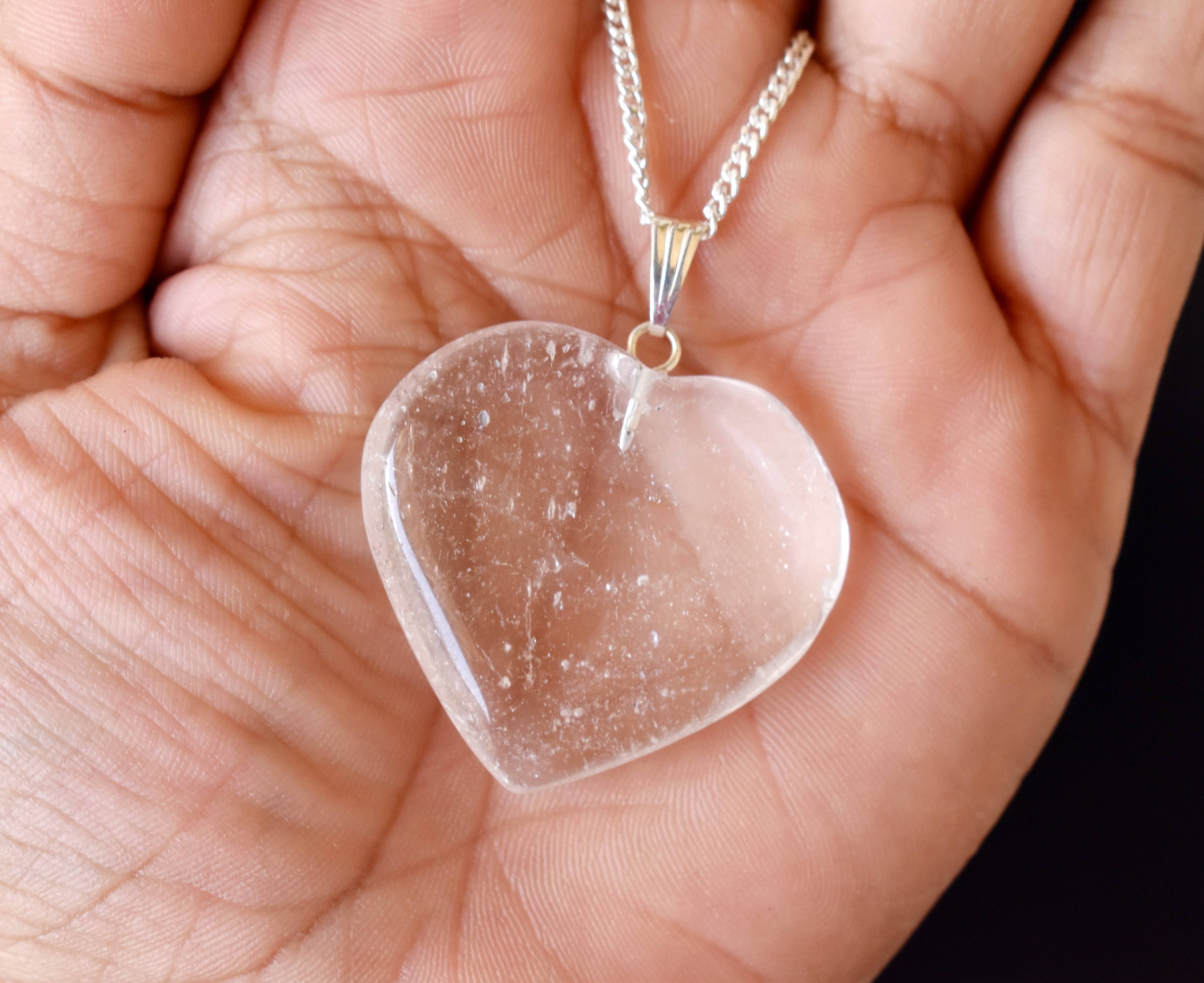 Crystal Quartz Heart Pendant - 1.5 Inches, Handcrafted Natural Stone Jewelry With Chain, Elegant Aaa Grade Design