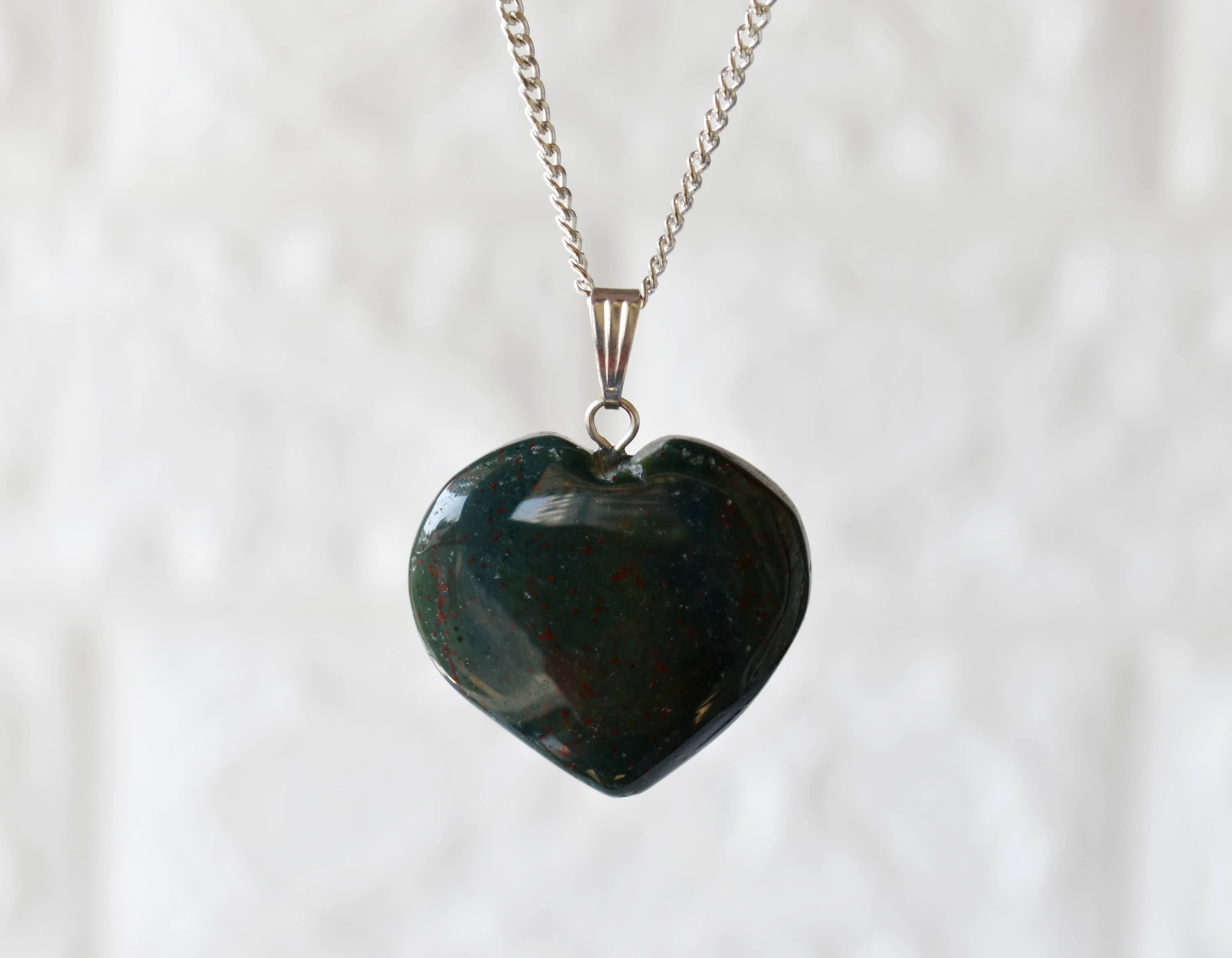 Bloodstone Heart Pendant - 1.5 Inches, Handcrafted Gemstone Crystal With Sterling Silver Chain | Elegant Heart-shaped Jewelry Design