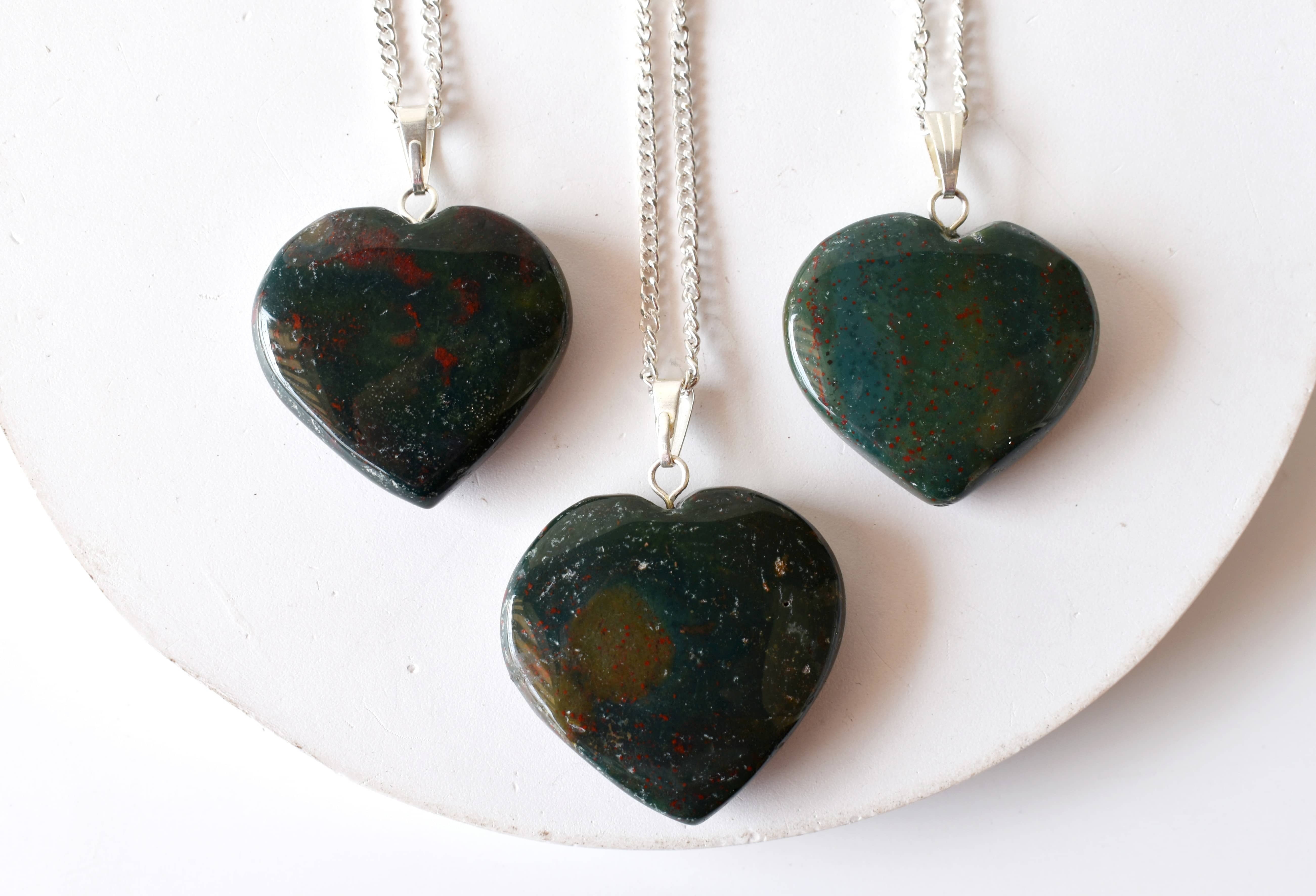 Bloodstone Heart Pendant - 1.5 Inches, Handcrafted Gemstone Crystal With Sterling Silver Chain | Elegant Heart-shaped Jewelry Design