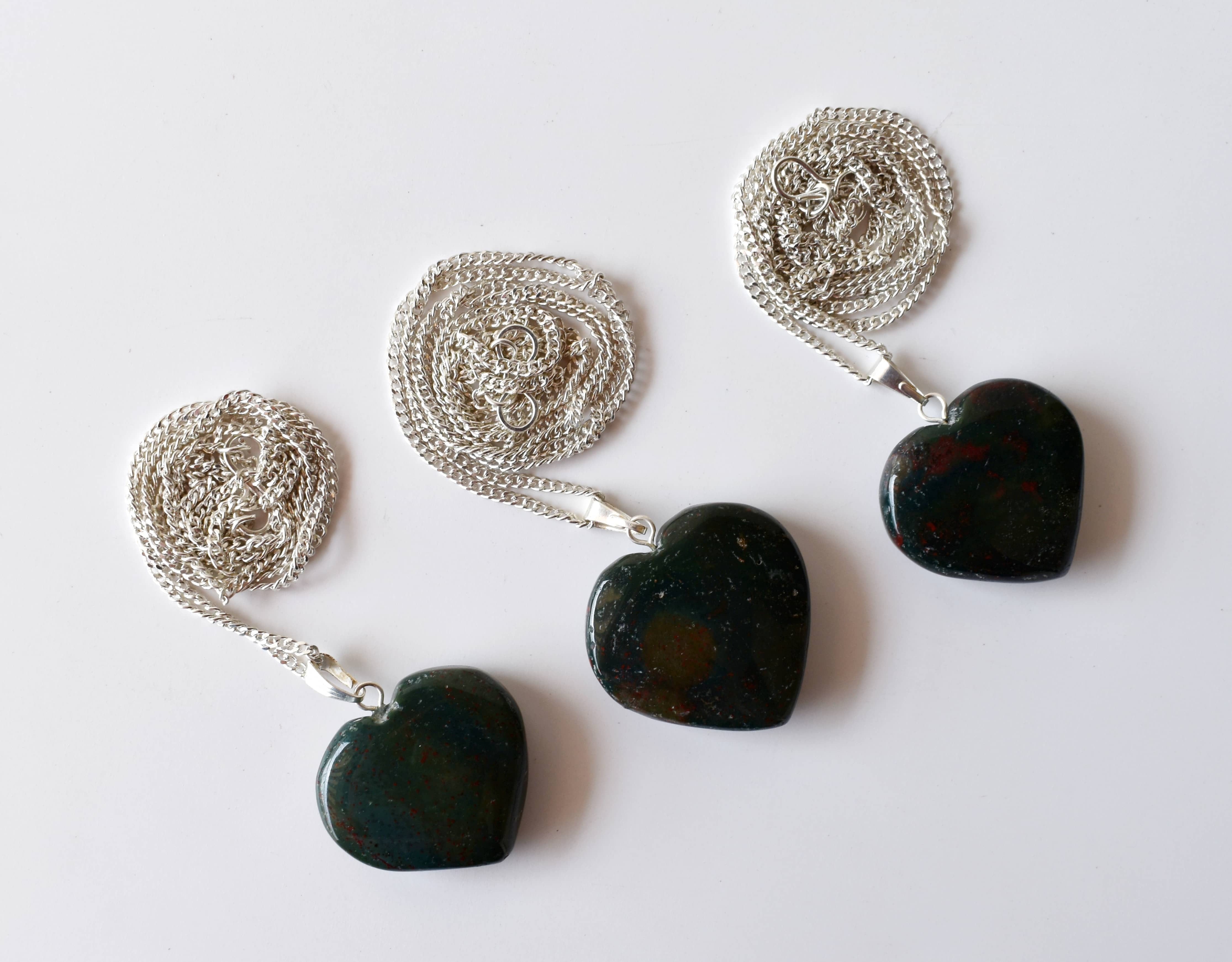 Bloodstone Heart Pendant - 1.5 Inches, Handcrafted Gemstone Crystal With Sterling Silver Chain | Elegant Heart-shaped Jewelry Design