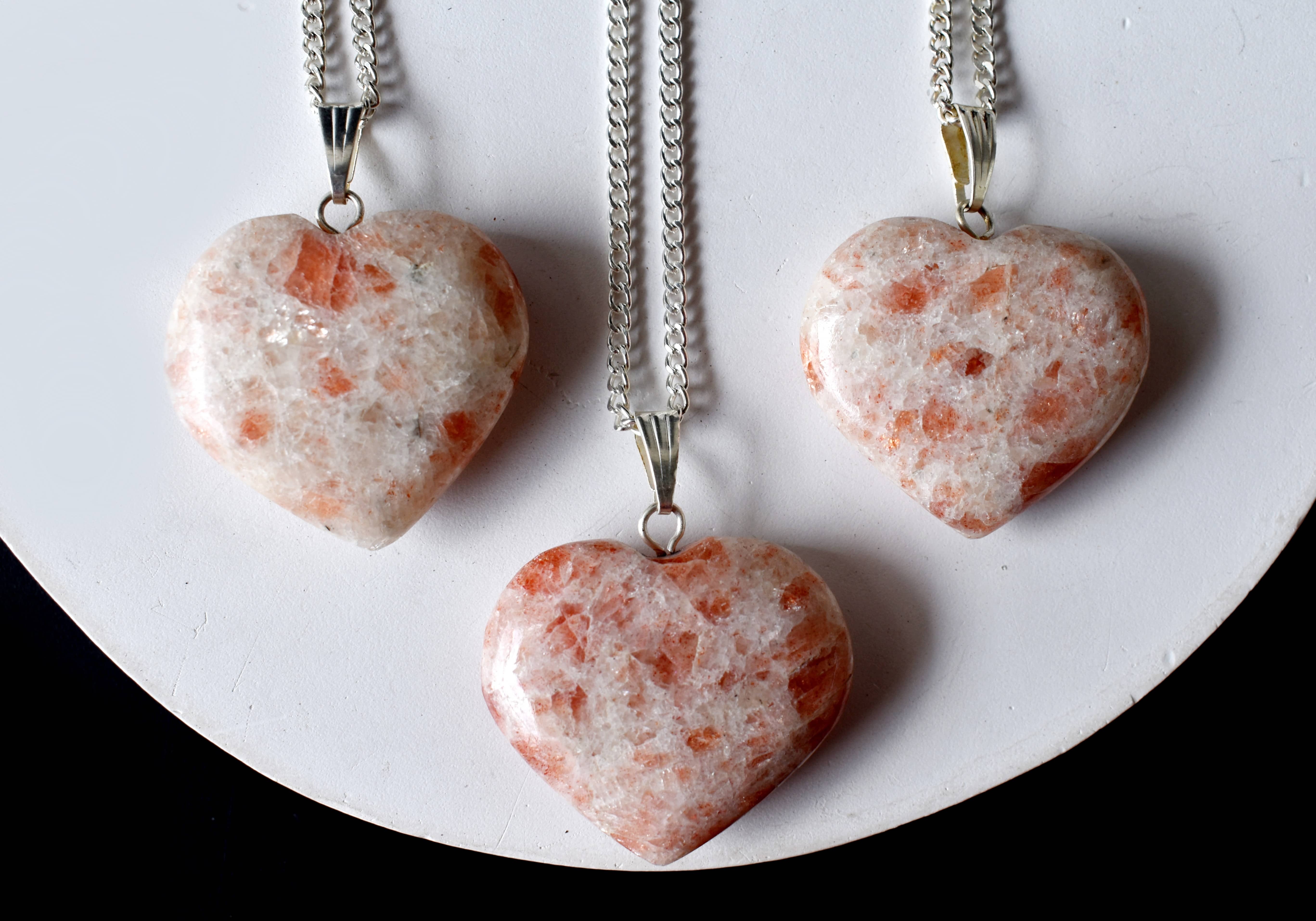 Sunstone Heart Pendant Crystal Heart Shaped Necklaces - Gemstone/crystals, 1.5 Inches, Handcrafted Elegance With White Gold Over Silver Chain