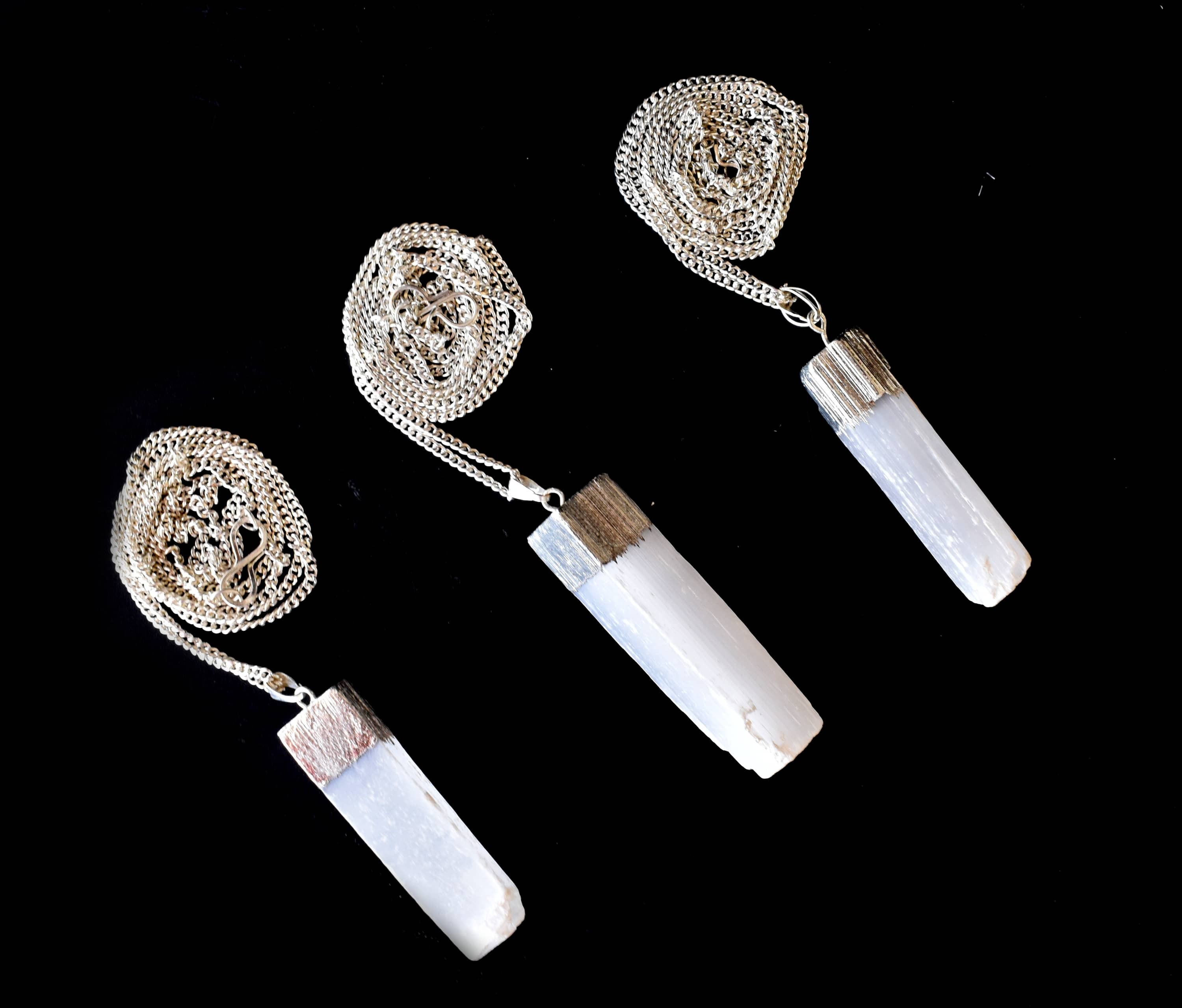 Selenite Rough Stone Pendants Natural Electroplated Silver Crystals With Chain - Aaa Grade Natural Gemstones, White Color, Plain Design | Sterling Silver Enhancements