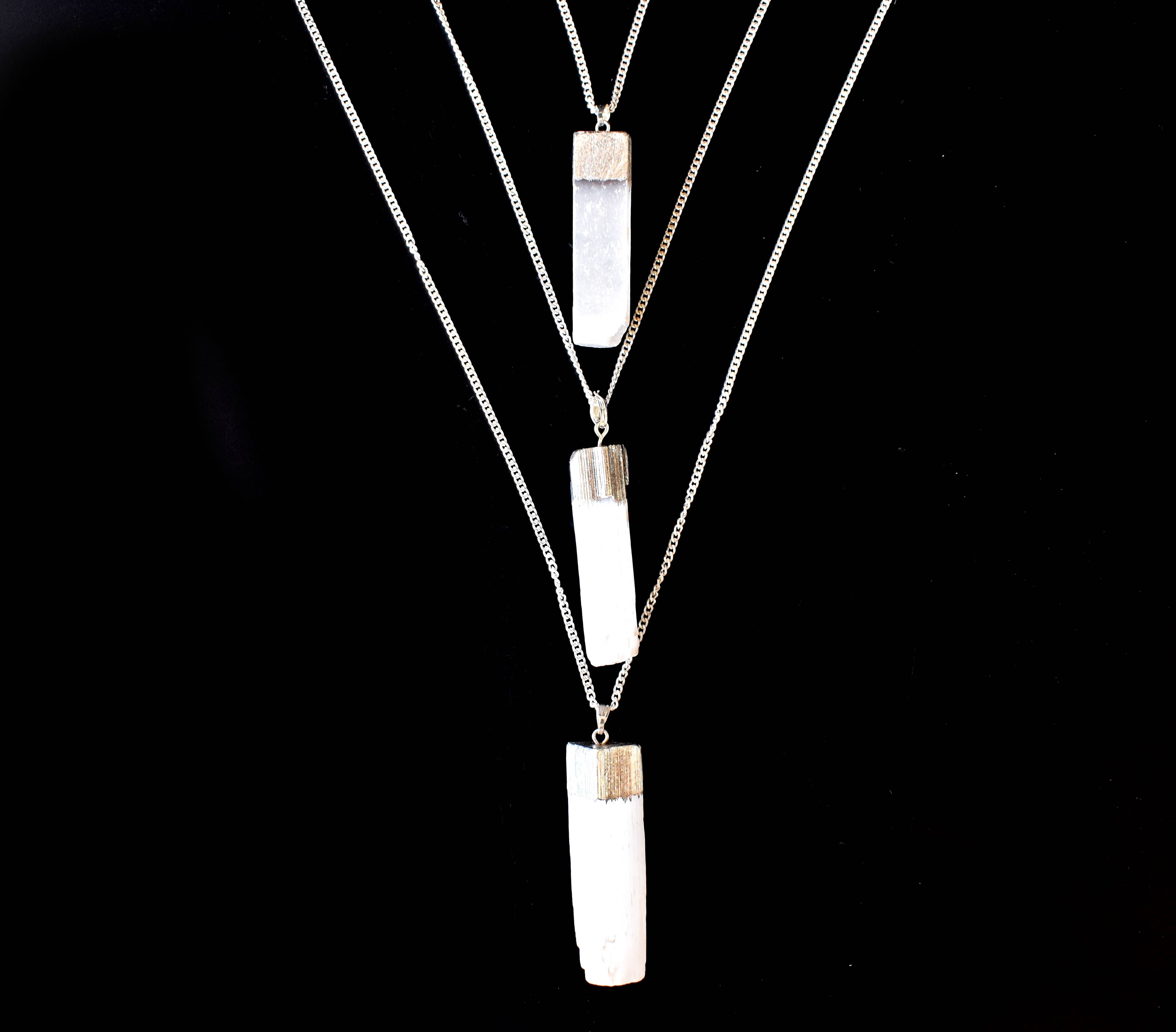 Selenite Rough Stone Pendants Natural Electroplated Silver Crystals With Chain - Aaa Grade Natural Gemstones, White Color, Plain Design | Sterling Silver Enhancements