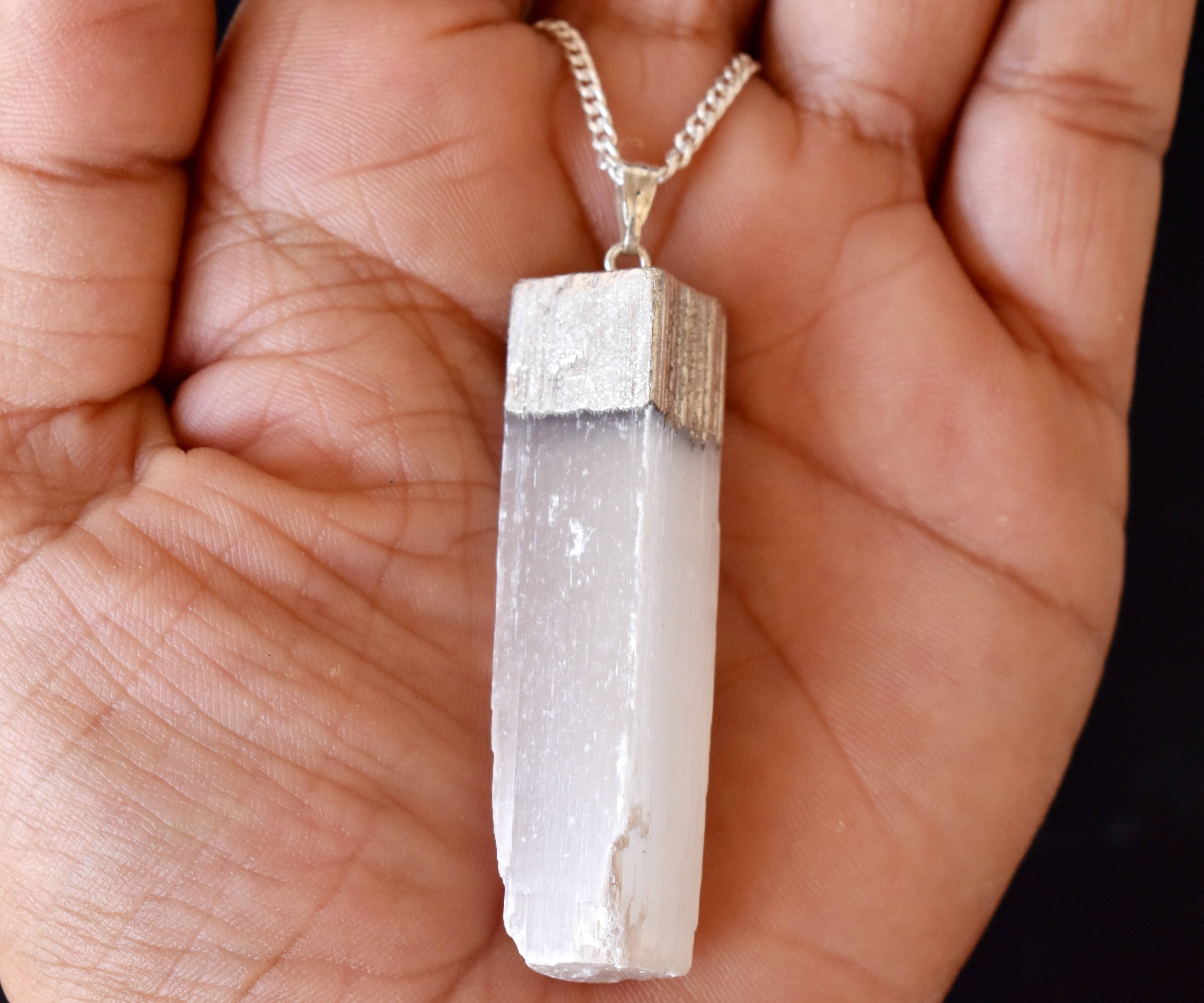 Selenite Rough Stone Pendants Natural Electroplated Silver Crystals With Chain - Aaa Grade Natural Gemstones, White Color, Plain Design | Sterling Silver Enhancements