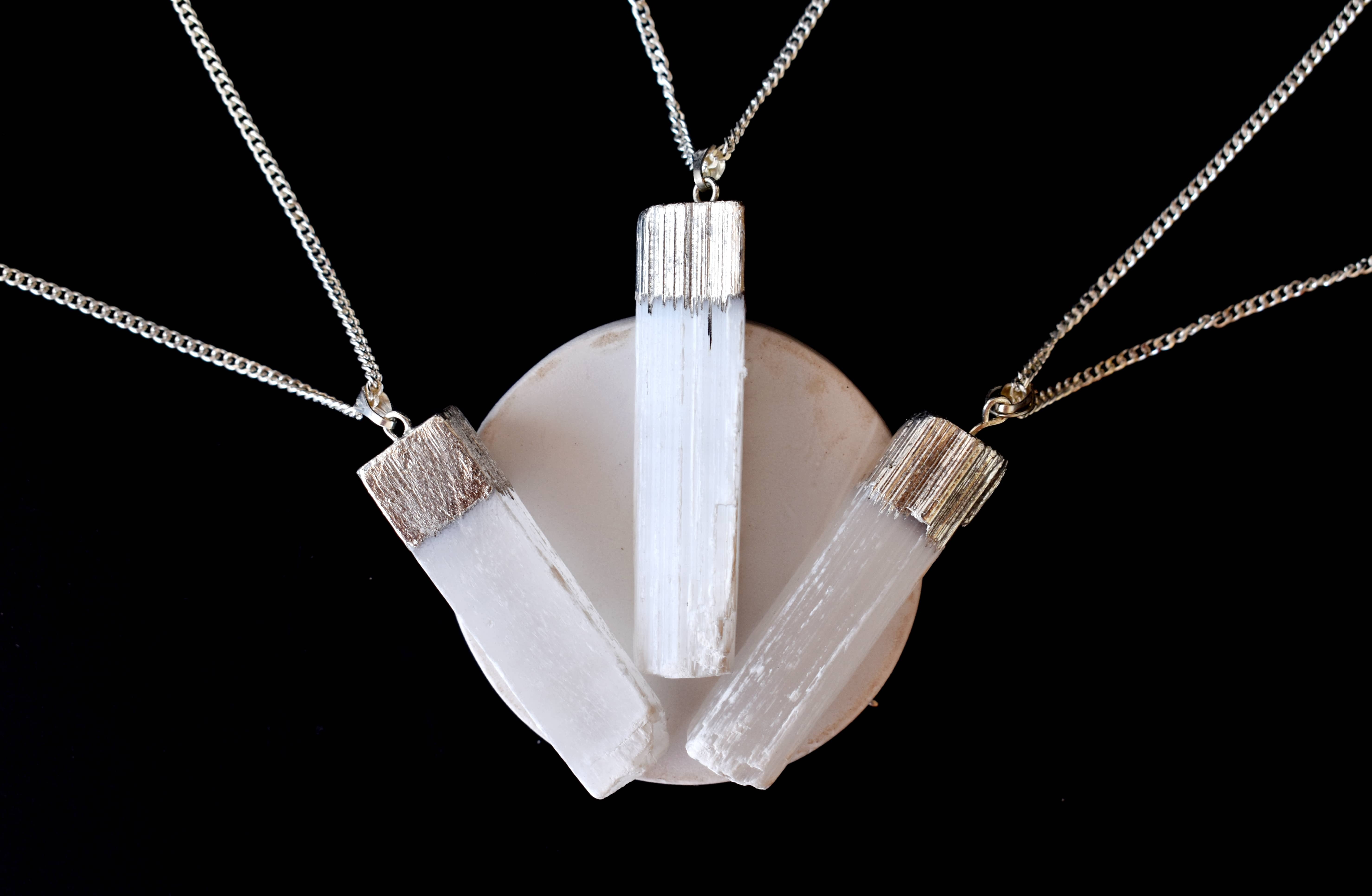 Selenite Rough Stone Pendants Natural Electroplated Silver Crystals With Chain - Aaa Grade Natural Gemstones, White Color, Plain Design | Sterling Silver Enhancements
