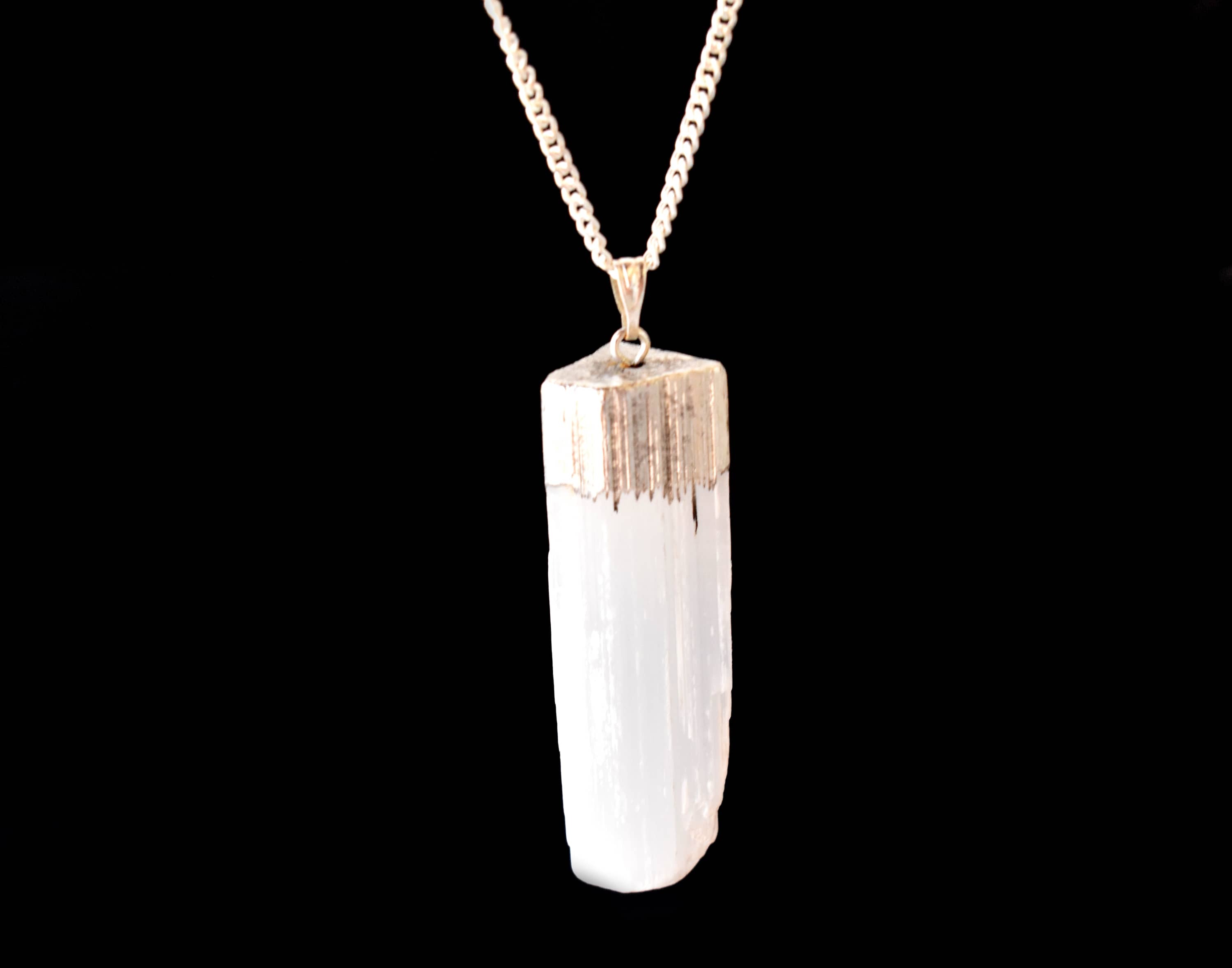 Selenite Rough Stone Pendants Natural Electroplated Silver Crystals With Chain - Aaa Grade Natural Gemstones, White Color, Plain Design | Sterling Silver Enhancements